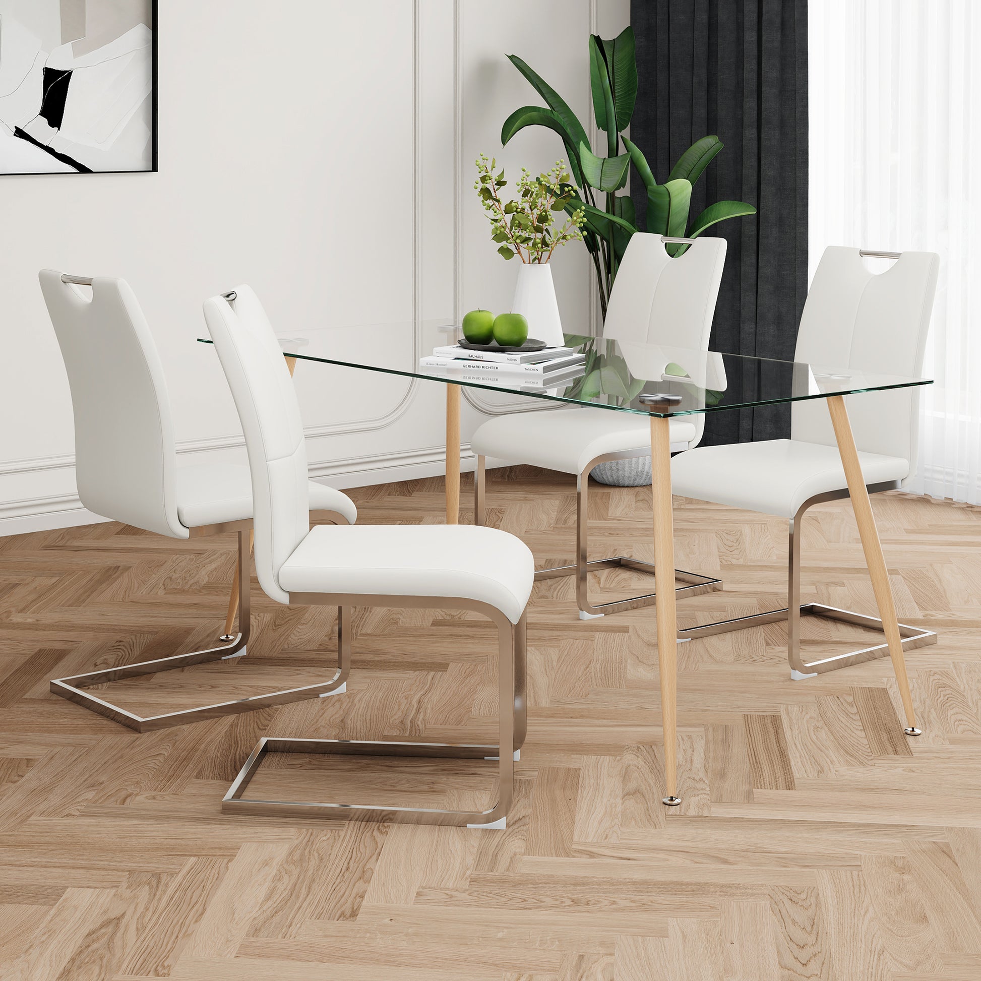 Modern Simple Rectangular Glass Dining Table, Solid Tempered Glass Countertop, Wood Transfer Metal Table Legs, White Pu Dining Chair Set, Suitable For Restaurant Kitchen Use Set Of 5 Upholstered Chair Glass White Pu Seats 4 Metal Rectangular Dining Table