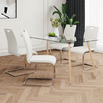 Modern Simple Rectangular Glass Dining Table, Solid Tempered Glass Countertop, Wood Transfer Metal Table Legs, White Pu Dining Chair Set, Suitable For Restaurant Kitchen Use Set Of 5 Upholstered Chair Glass White Pu Seats 4 Metal Rectangular Dining Table