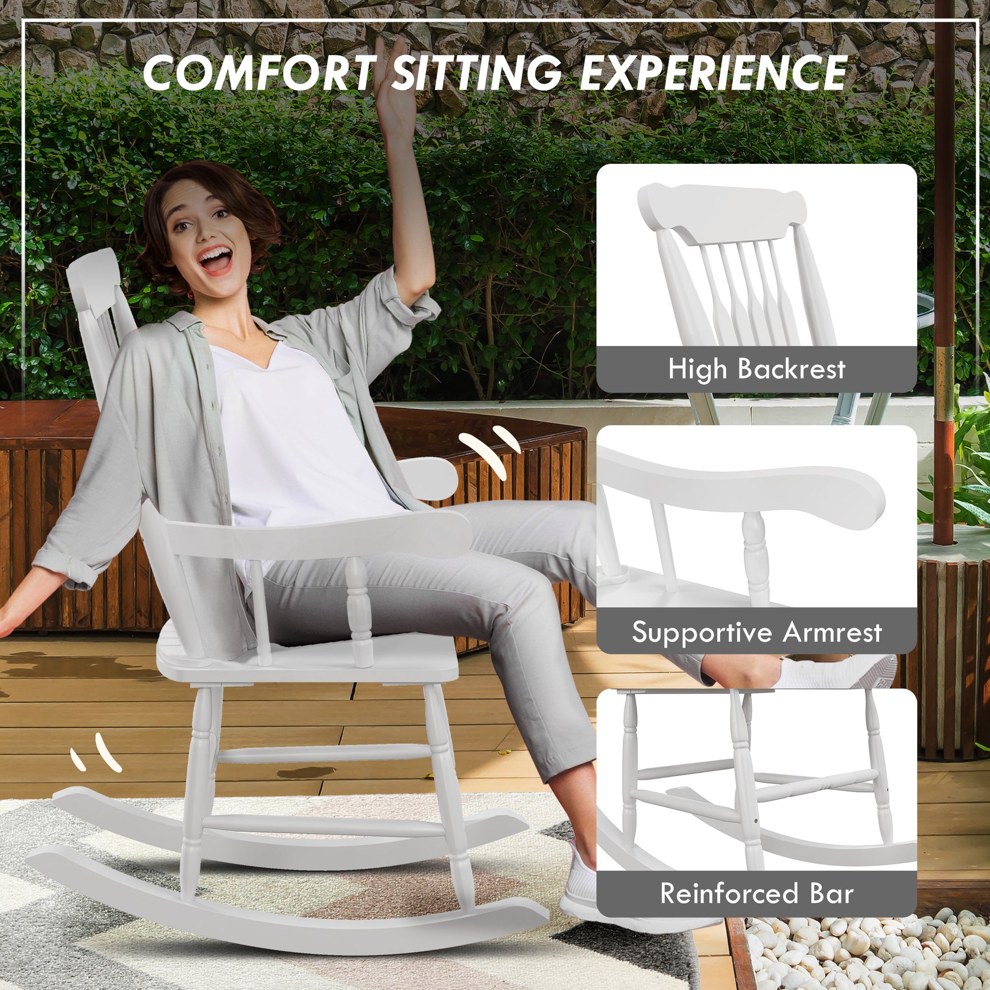 Outsunny Outdoor Wood Rocking Chairs Set Of 2, 350 Lbs. Porch Rockers With High Back For Garden, Patio, Balcony, White White Wood