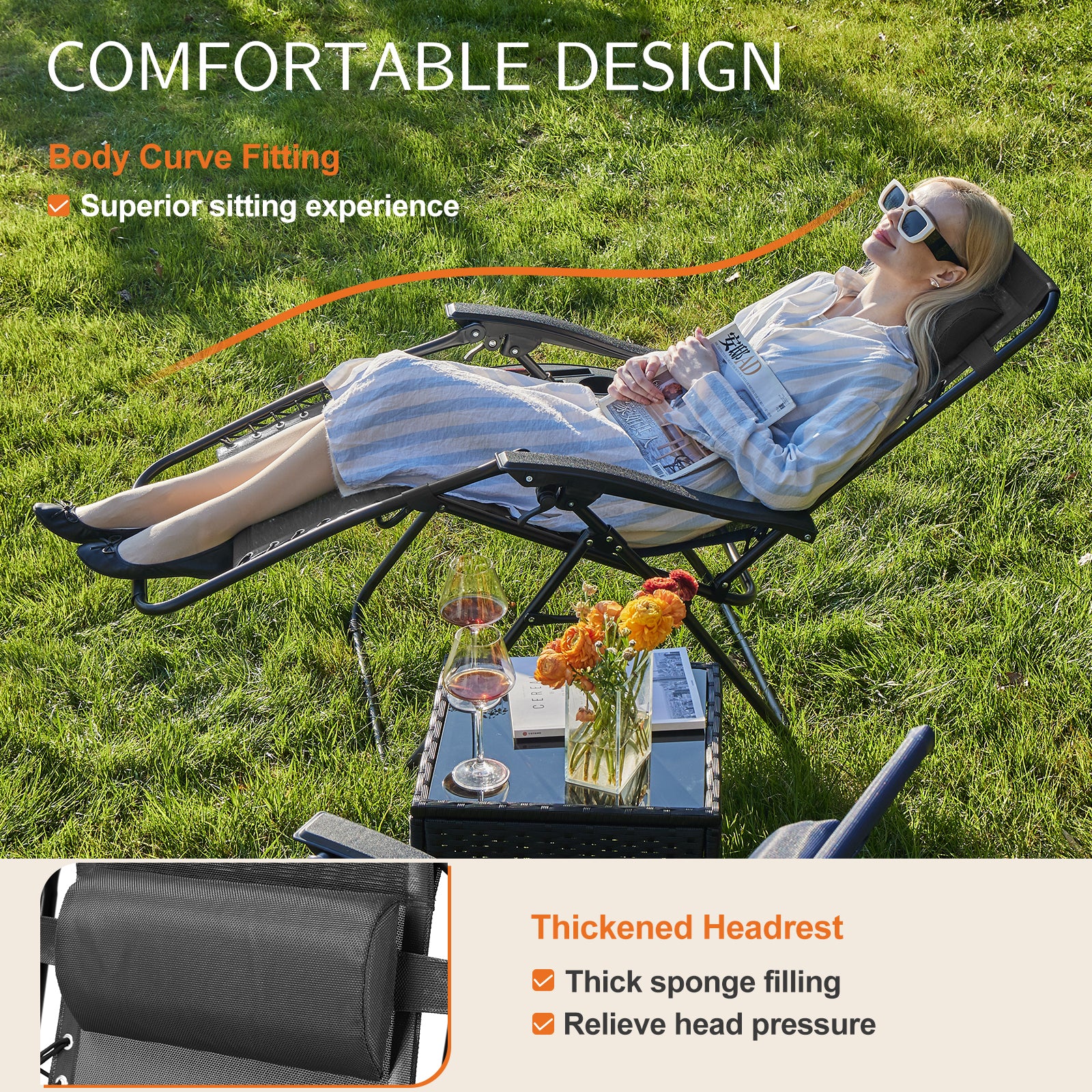 Set Of 2 Zero Cravity Lounge Chairs,Outdoor Patio Folding Recliners For Pool Beach With Pillow And Cup Holder, Black Black Stainless Steel