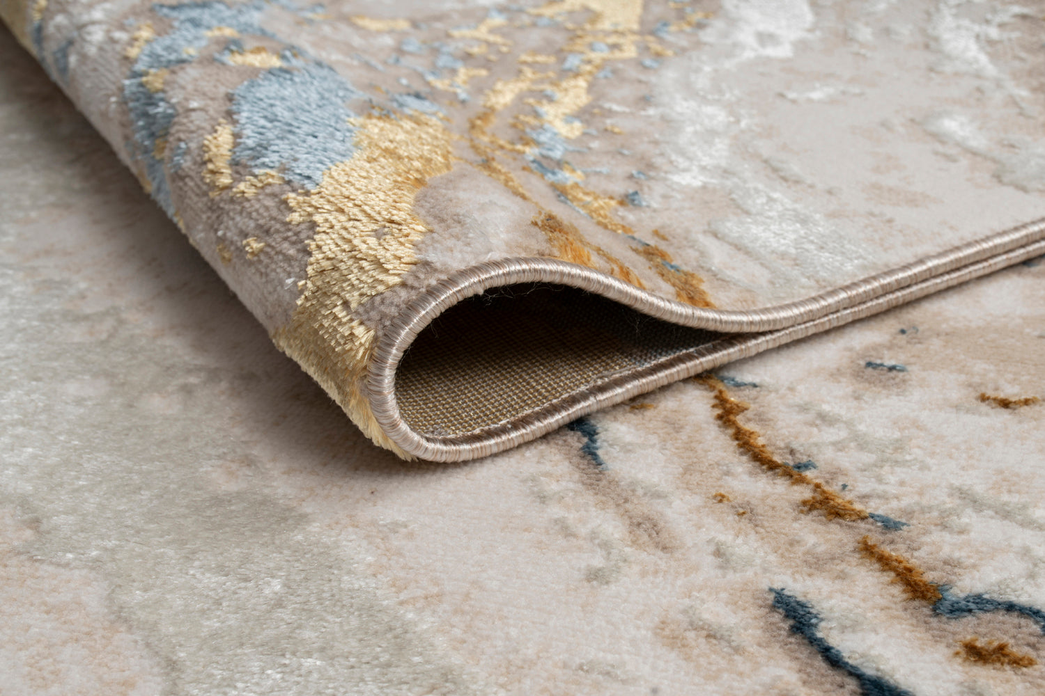 "Adina" Luxury Area Rug In Beige, Gold And Blue Abstract Design Multicolor Polyester