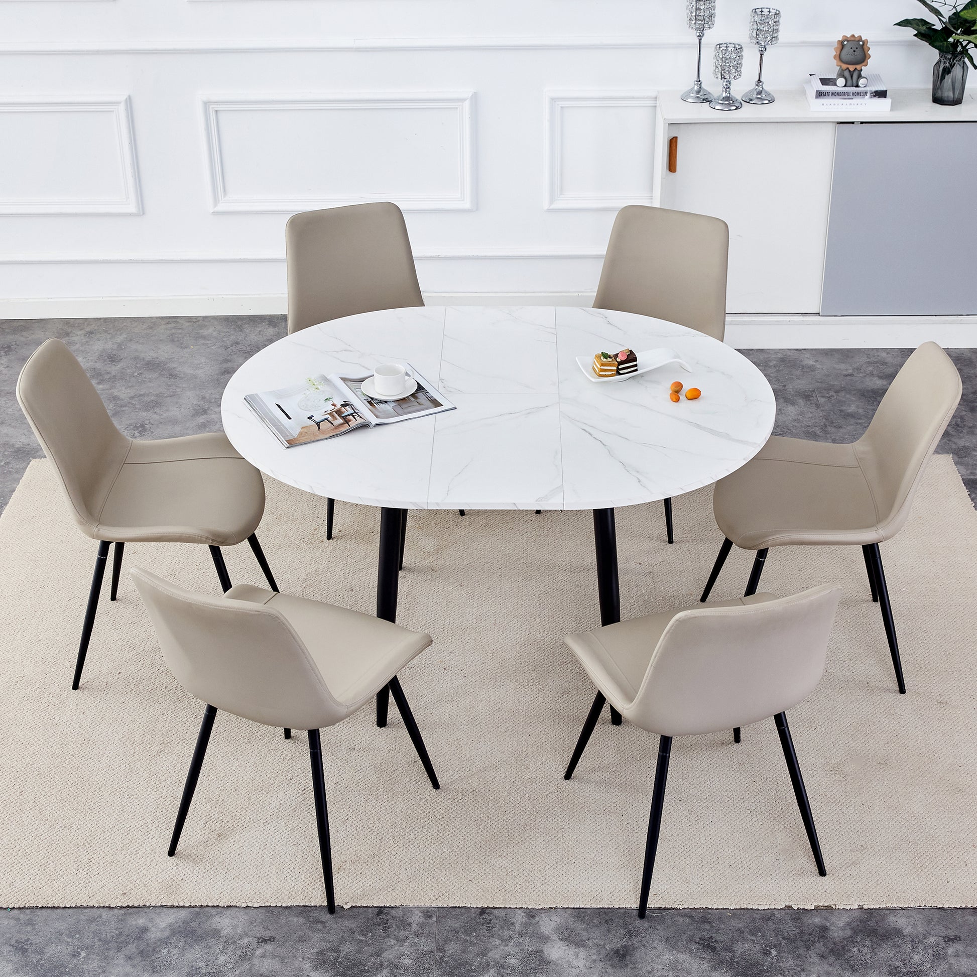 Table And Chair Set.Modern Extendable Mdf Dining Table.The Table Has A Telescopic Design, Suitable For Gatherings Of Different Size.Paired With 6 Chairs With Pu Cushions And Black Metal Legs. White Black Seats 6 Mdf Metal