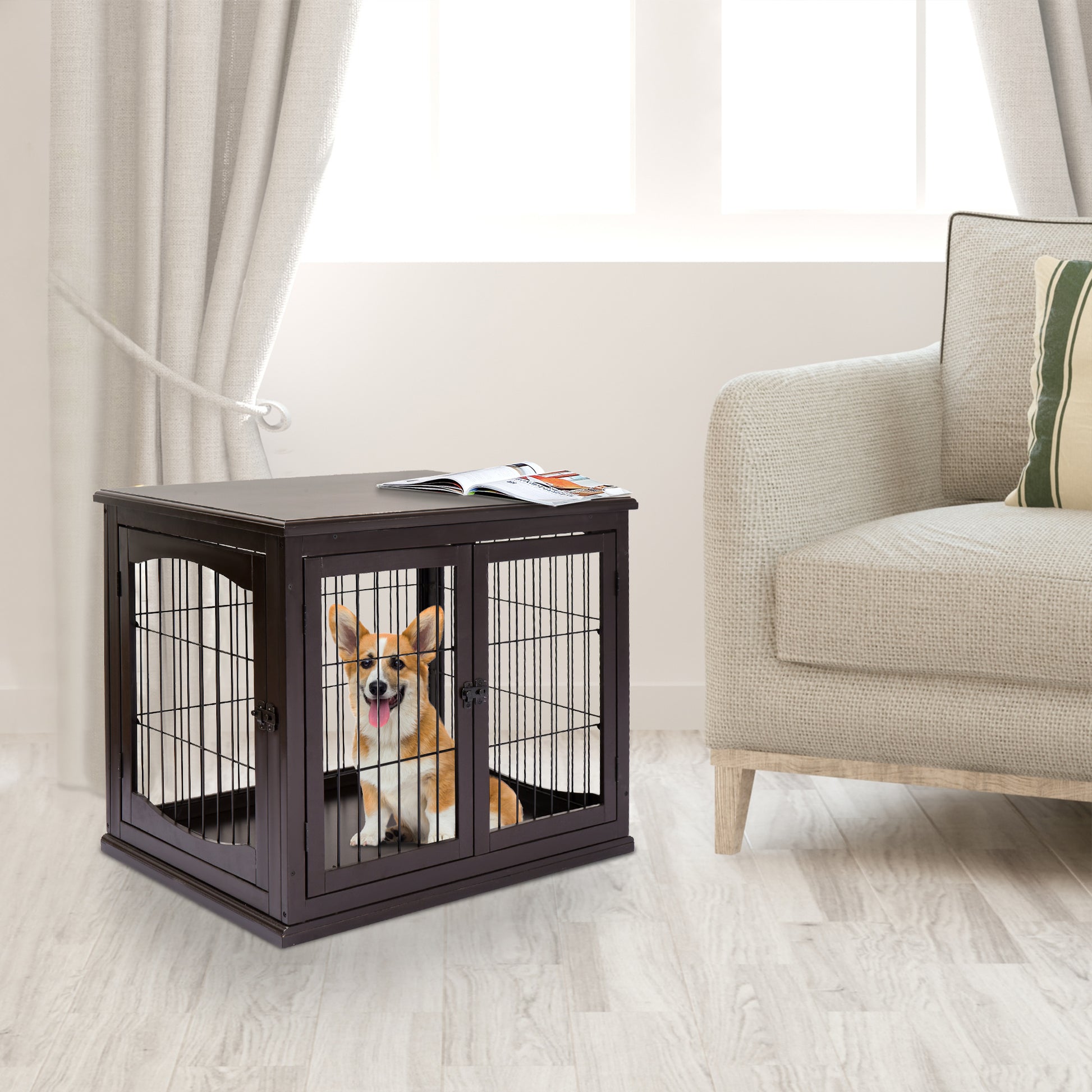 Pawhut Dog Crate Furniture, Small Dog Cage End Table With Two Opening Sides, Lockable Door, Puppy Kennel Indoor, Cute And Decorative, Coffee Dark Brown Mdf