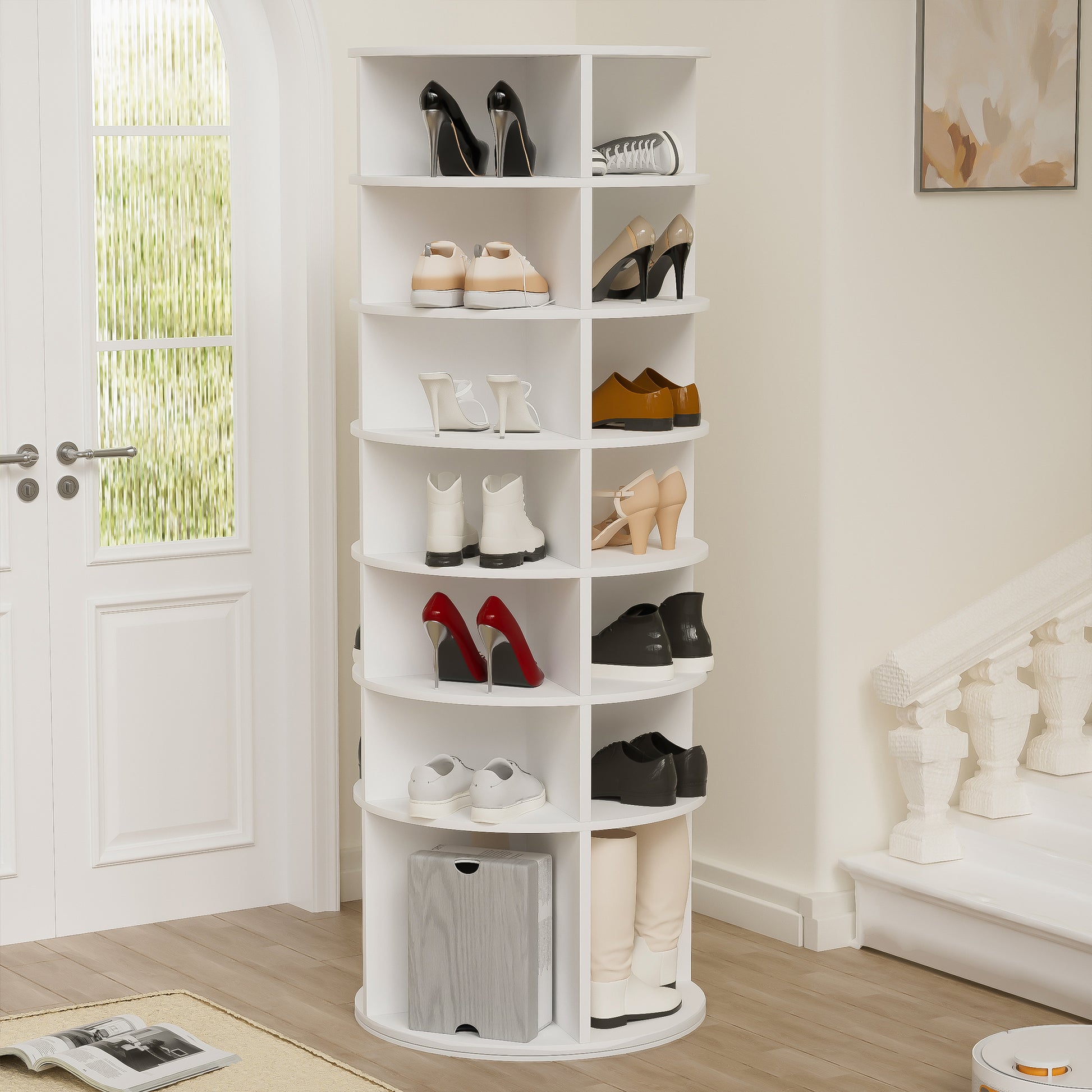 Rotating Shoe Rack Tower, 7 Tier Spinning Shoe Rack, Free Standing 360 Revolving Shoe Organizer, High Bottom Design Shoe Tower Spinning Storage Lazy Susany, Fits 28 Pairs Of Shoes 7 Tier White 7