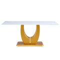 Modern Simple Luxury White Imitation Marble Decorative Glass Dining Table, Golden Legs, Rectangular Desk. A Computer Desk. Games Table, Dining Room, Living Room, Terrace, Kitchen. Gold White Mdf