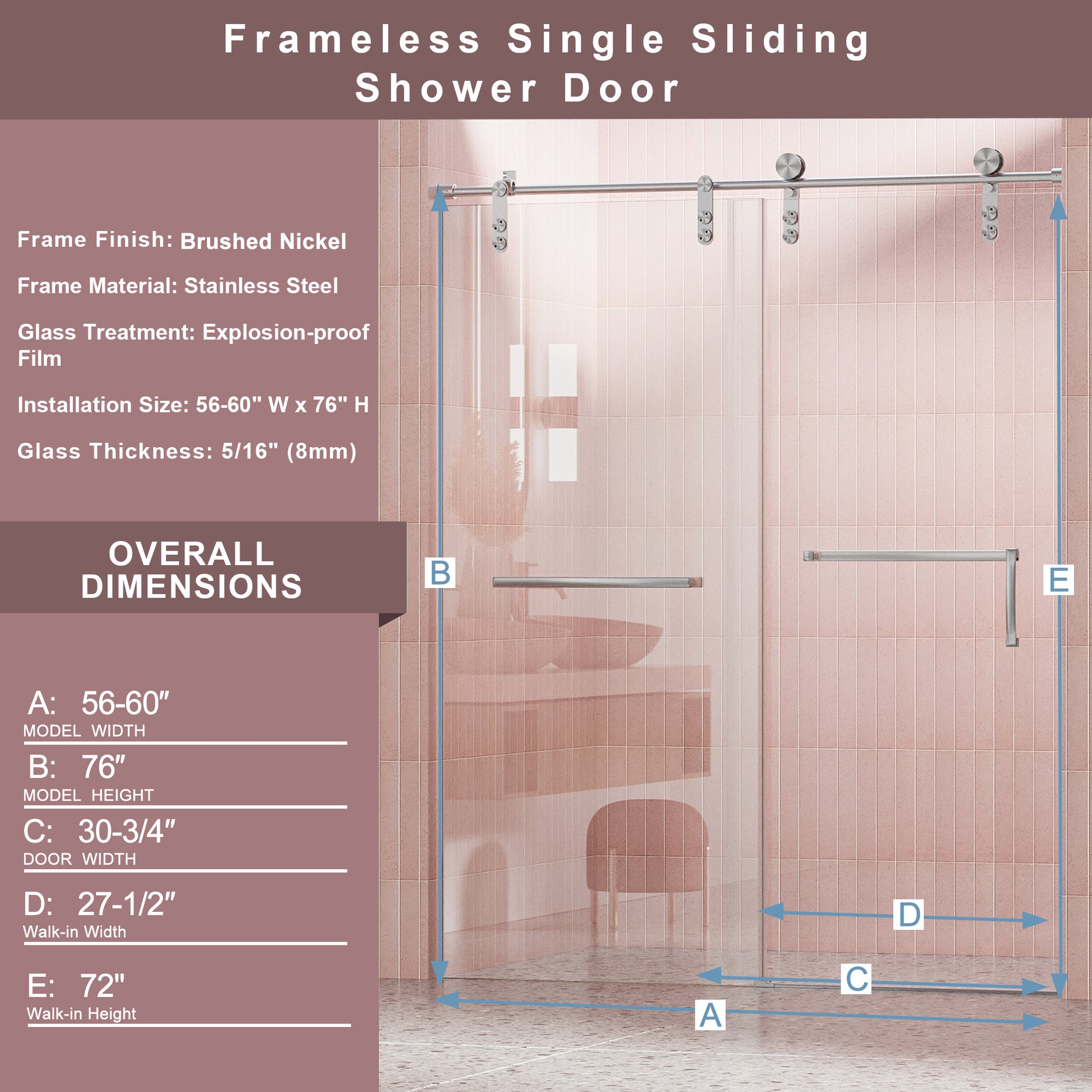 56" 60" W X 76" H Frameless Shower Door, Single Sliding 5 16" 8Mm Clear Tempered Glass Shower Door With Explosion Proof Film, Stainless Steel Hardware, Brushed Nickel 24D210 60Bn Combo 1 Brushed Nickel Tempered Glass