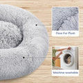 24 Inch Donut Dog Bed, Calming Bed For Dogs, Grey Cat Bed Washable, Round Dog Donut Bed Washable, Plush Fur Dog Bed, Dog Cuddle Bed Grey Faux Fur