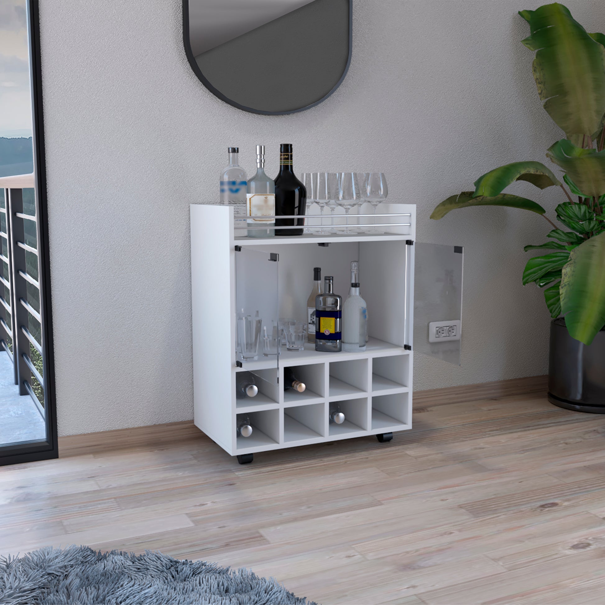 St Andrews Bar Cart With Built In 8 Bottle Rack, Double Glass Door Cabinet, And Aluminum Edged Top Surface White Primary Living Space Modern Particle Board Engineered Wood