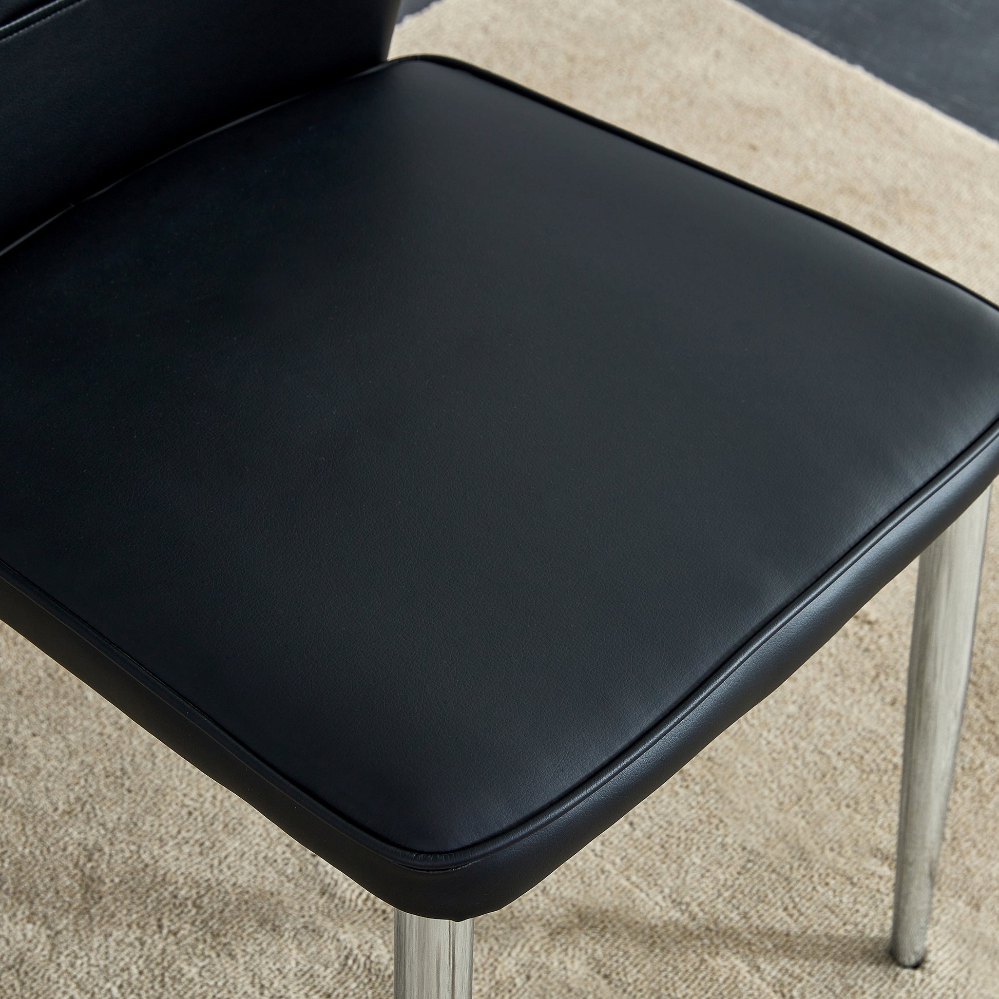 Table And Chair Set.Contemporary, Minimalist Rectangular Dining Table Featuring A Clear Tempered Glass Top And Sleek Silver Legs. Paried With Chairs Made Of Pu Material Cushion And Silver Metal Legs. Black Seats 8 Glass Metal