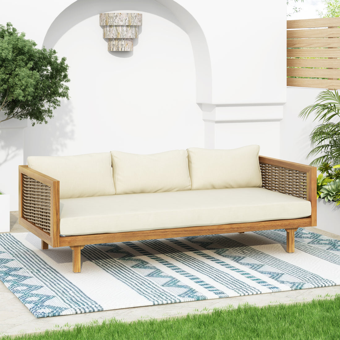 Claremont 3 Seater Daybed With Rattan Arms Beige Cushion Teak Beige Wood Fabric Rattan