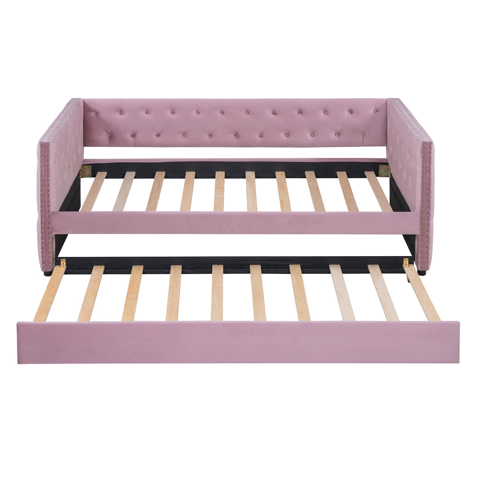 Twin Size Tufted Upholstered Daybed With Trundle, Velvet Sofabed With Rivet Design, No Box Spring Needed,Pink Twin Pink Velvet