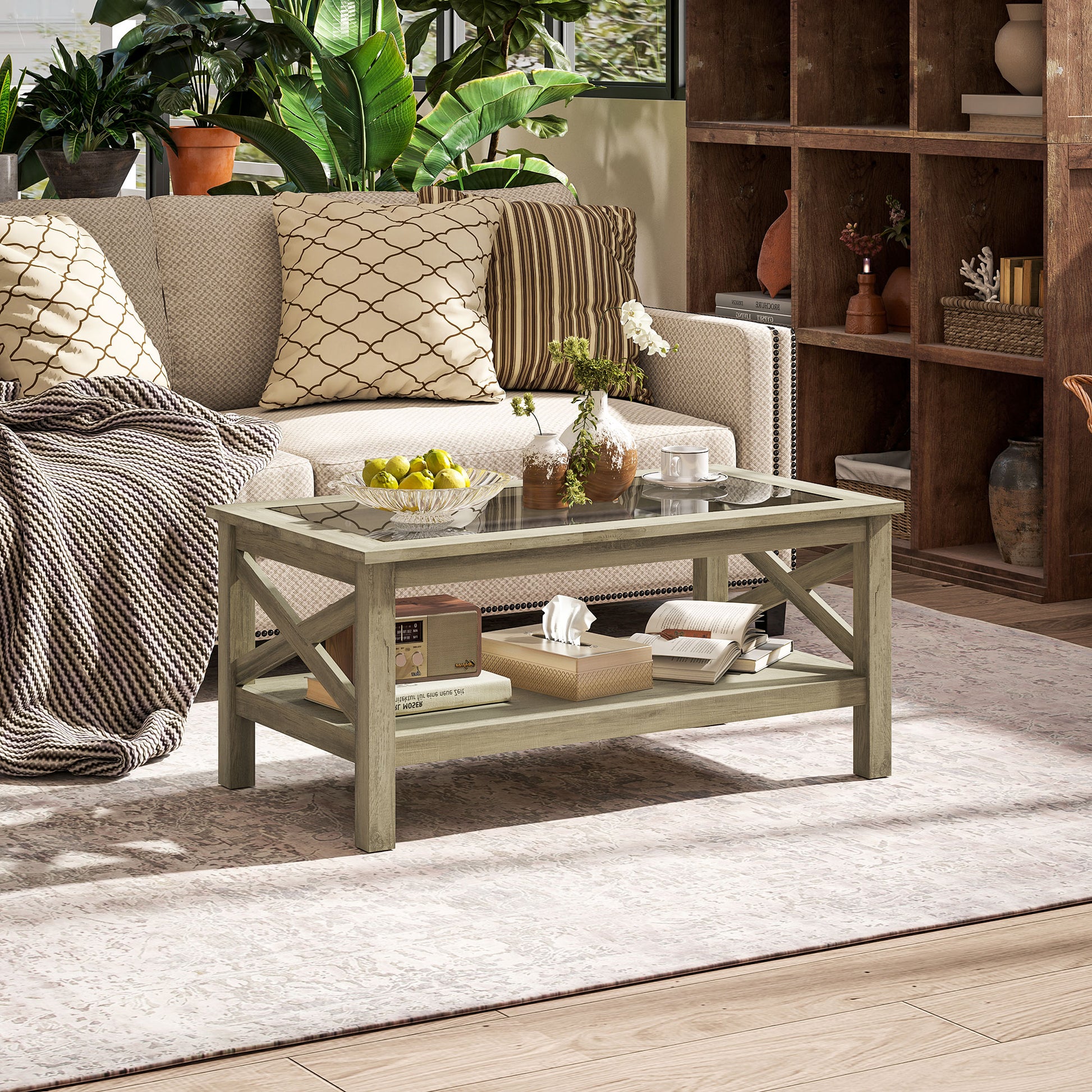 Homcom Glass Coffee Table, Modern Farmhouse Center Table With Storage, Side Table For Living Room With Classic X Bar Style Sides, Gray Gray Mdf