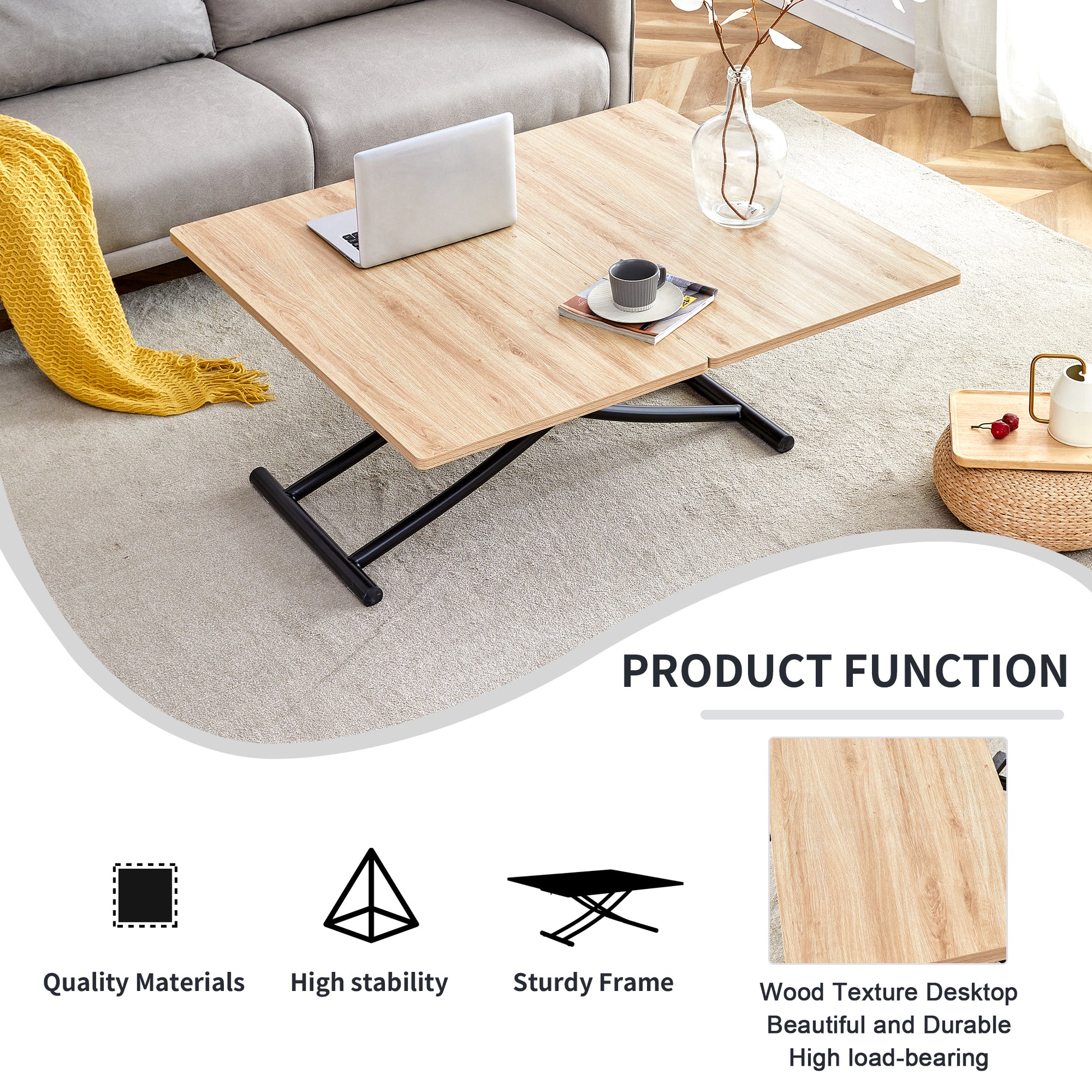 Modern Minimalist Multifunctional Lift Table With 0.8 Inch Mfc Tabletop And Black Metal Legs, Can Be Used As Dressing Table, Coffee Table, Dining Table, And Office Desk. Lt 10055 Black Iron