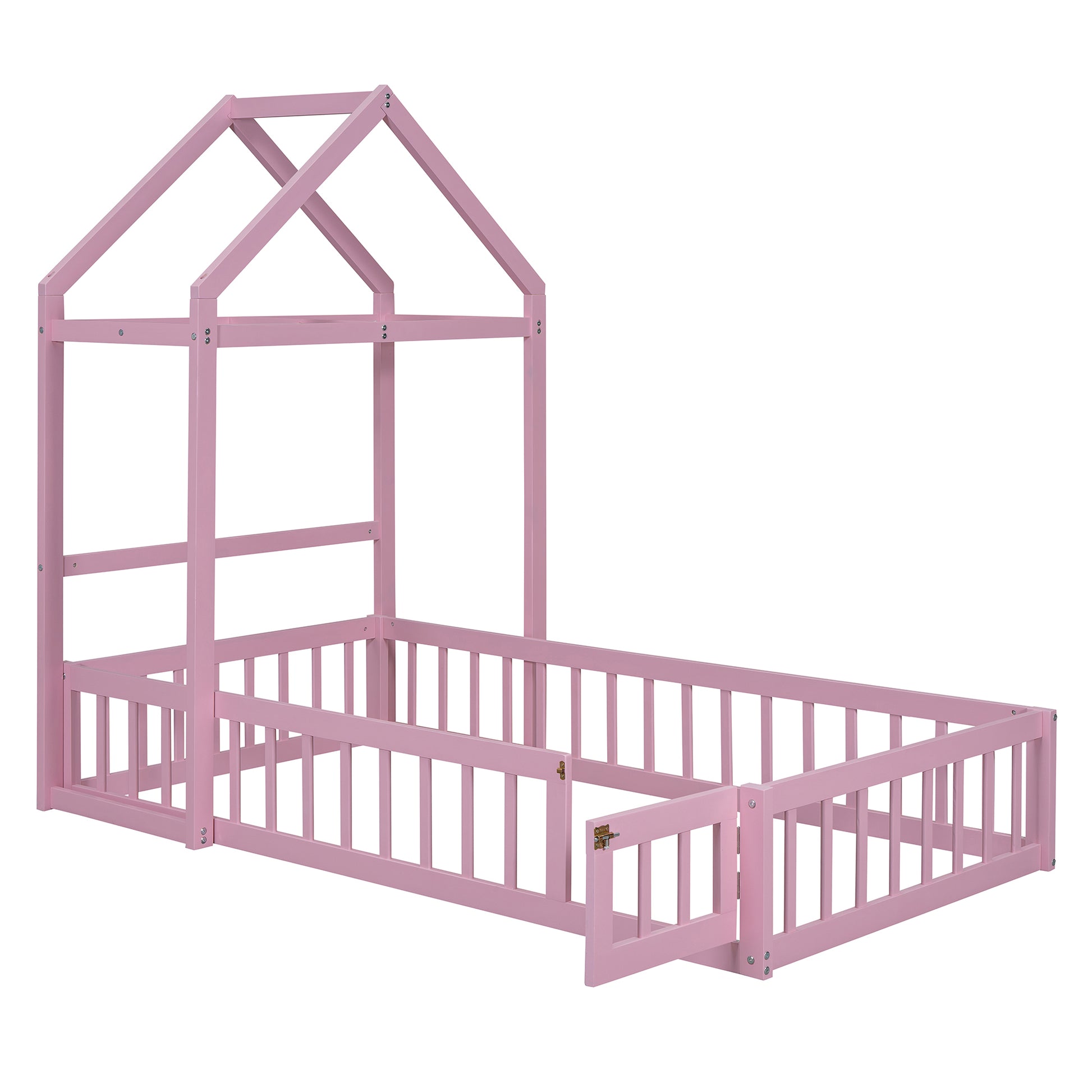 Wooden Floor Bed With Fence Railings And Detachable House Shape Headboard, Twin Size Bed With Kids Dress Up Rack, Kids Montessori Style Playhouse Frame For Girls Boys, Pink Twin Pink Wood