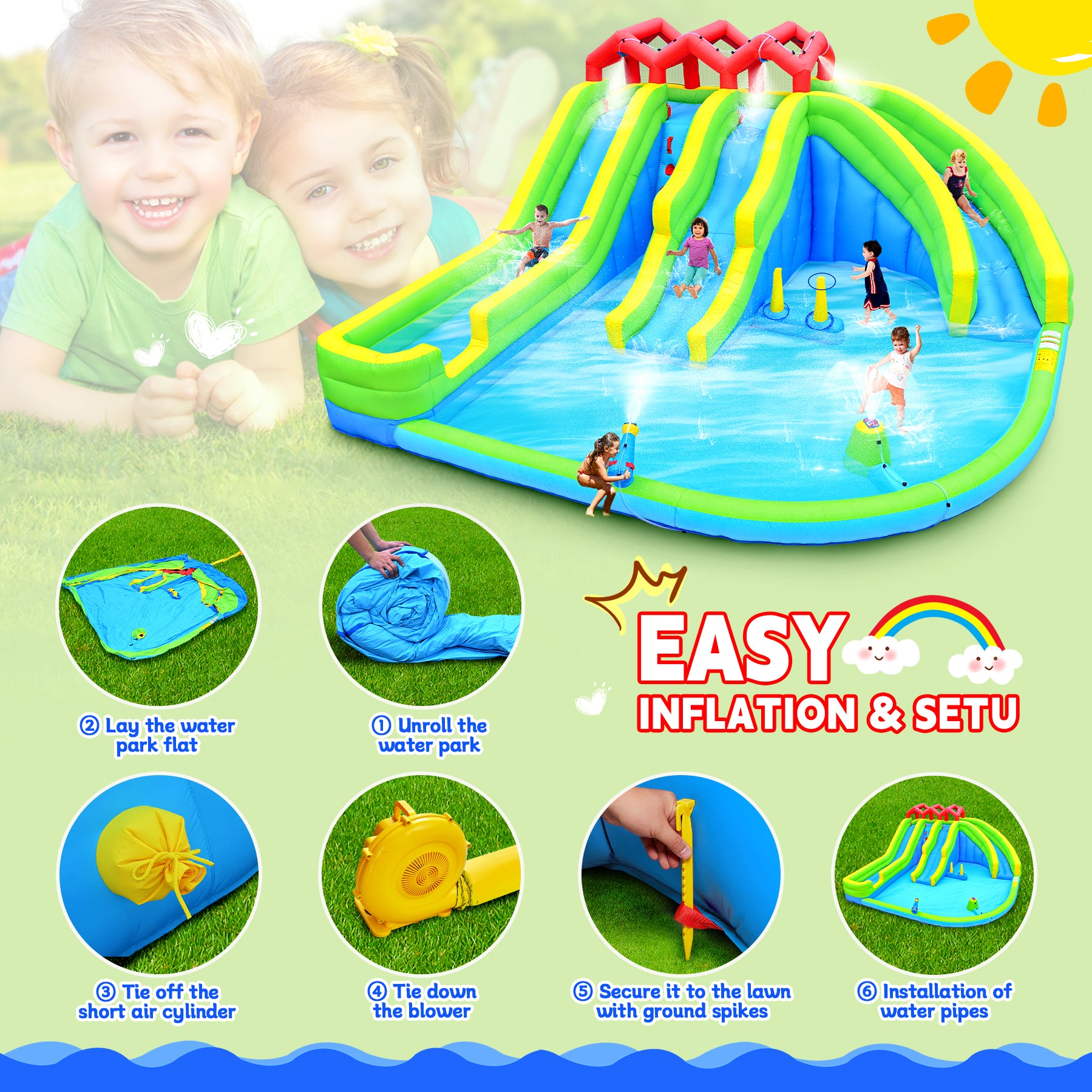 7 In1 Inflatable Water Park Three Slide With Blower Water Sprinkler Fountain Climbing Wall For Children Multicolor Oxford Fabric