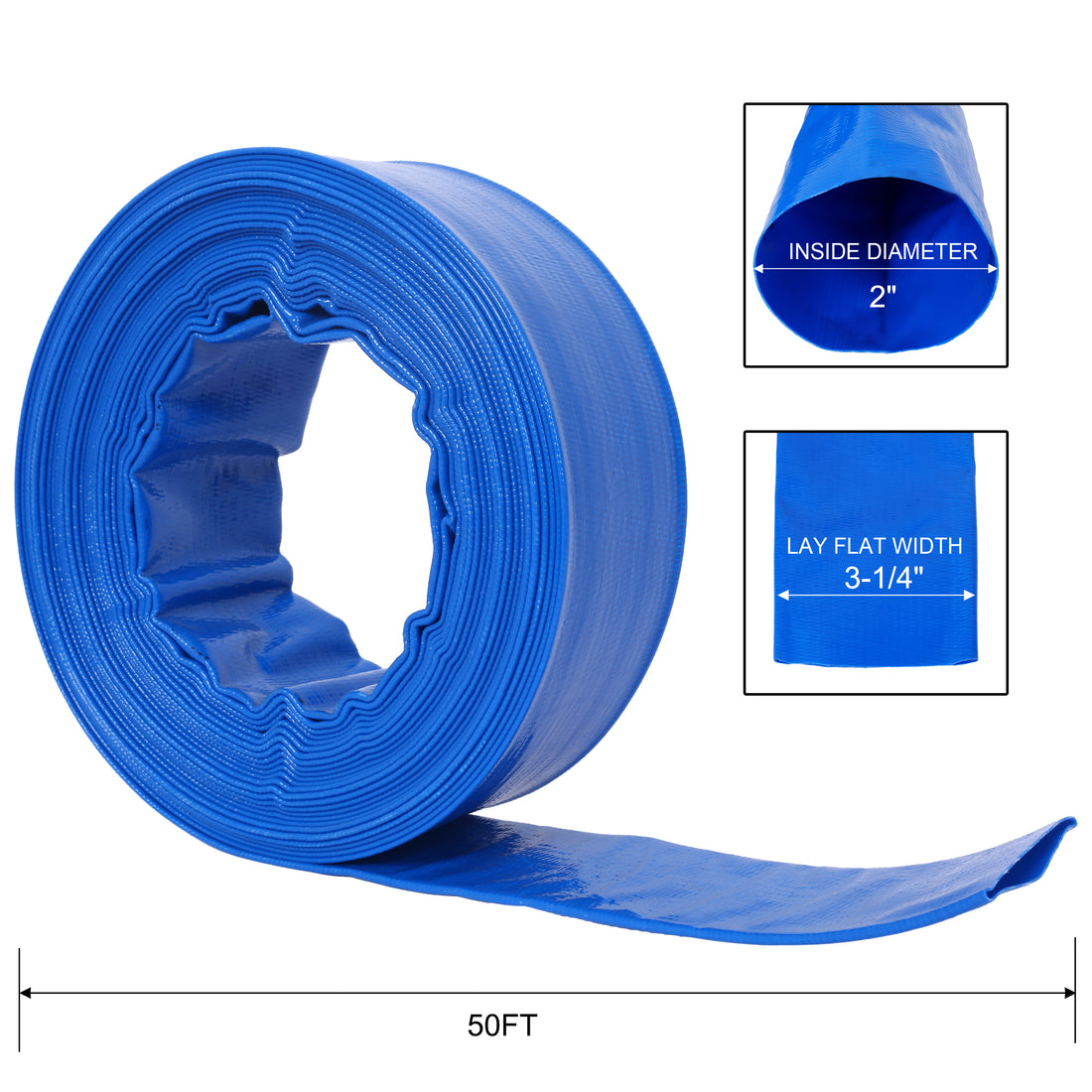2"X 50 Ft Pool Backwash Hose, Blue Heavy Duty Reinforced Pvc Lay Flat Water Discharge Hose For Swimming Pool Filter Pump,With 2 Clamp Blue Pvc