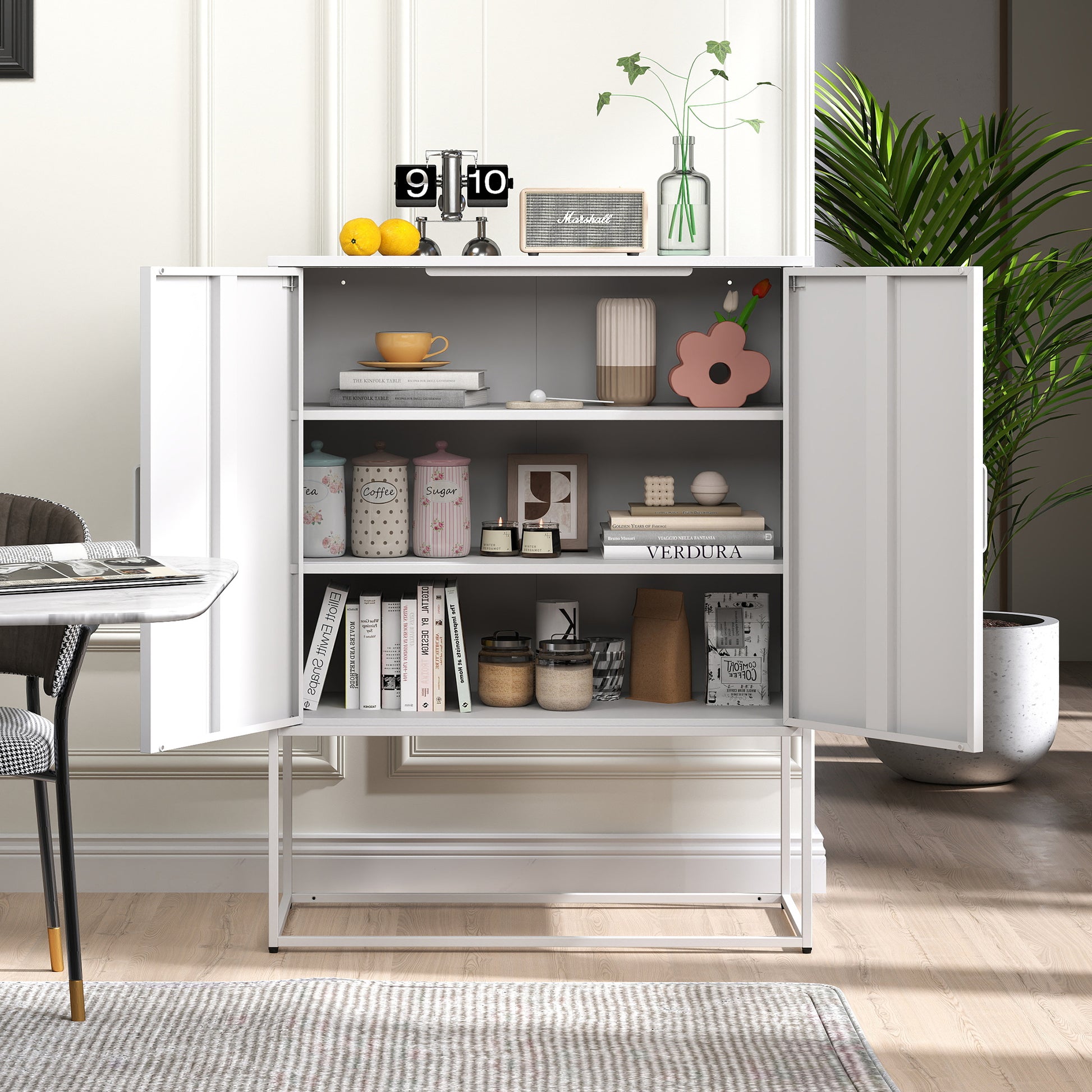 Heavy Duty Metal Buffet Sideboard Modern Steel Storage Cabinet With 2 Shelves, Free Standing Accent Cabinet With Magnetic Doors For Bedroom, Kitchen, And Home Office, Anti Tip Design Easy Assemble Accent Chests 1 2 Shelves Antique White Primary Living