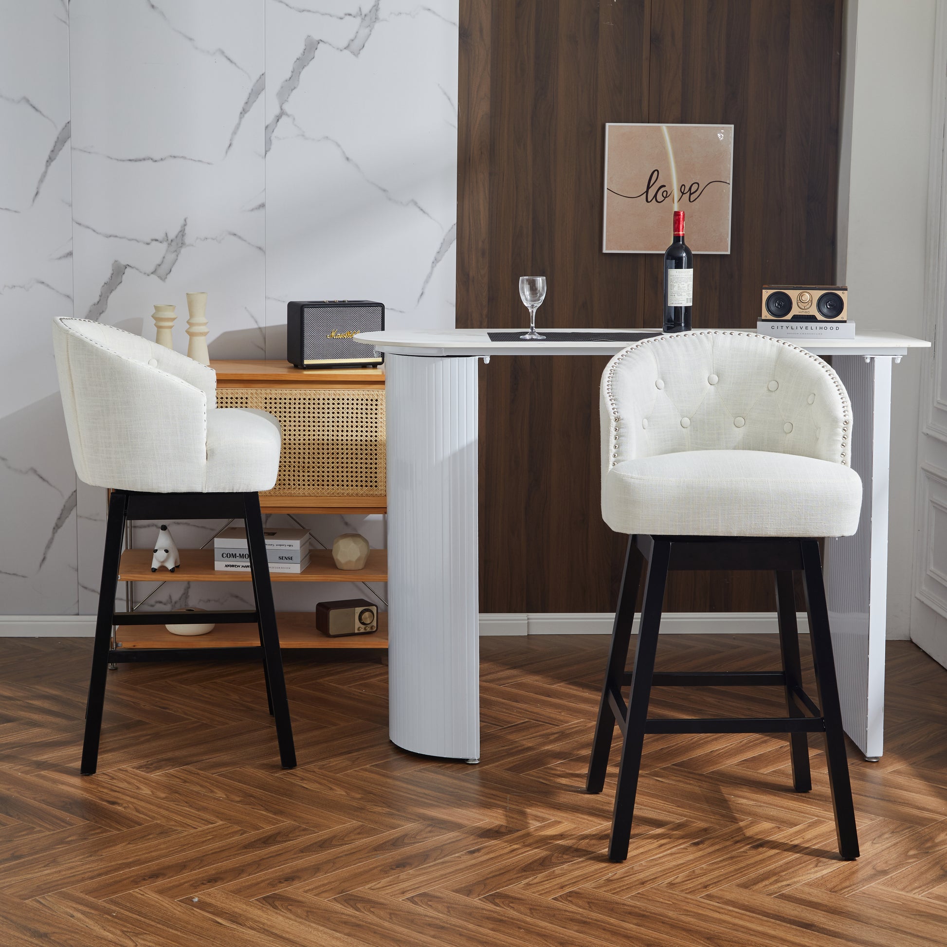 33.25" Swivel Counter Stools Set Of 2, Upholstered Counter Height Bar Stools With Solid Rubber Wood Frame, Backrest, Footrest, Armless Barstools For Home Bar, Kitchen Counter, Black Beige Rubberwood