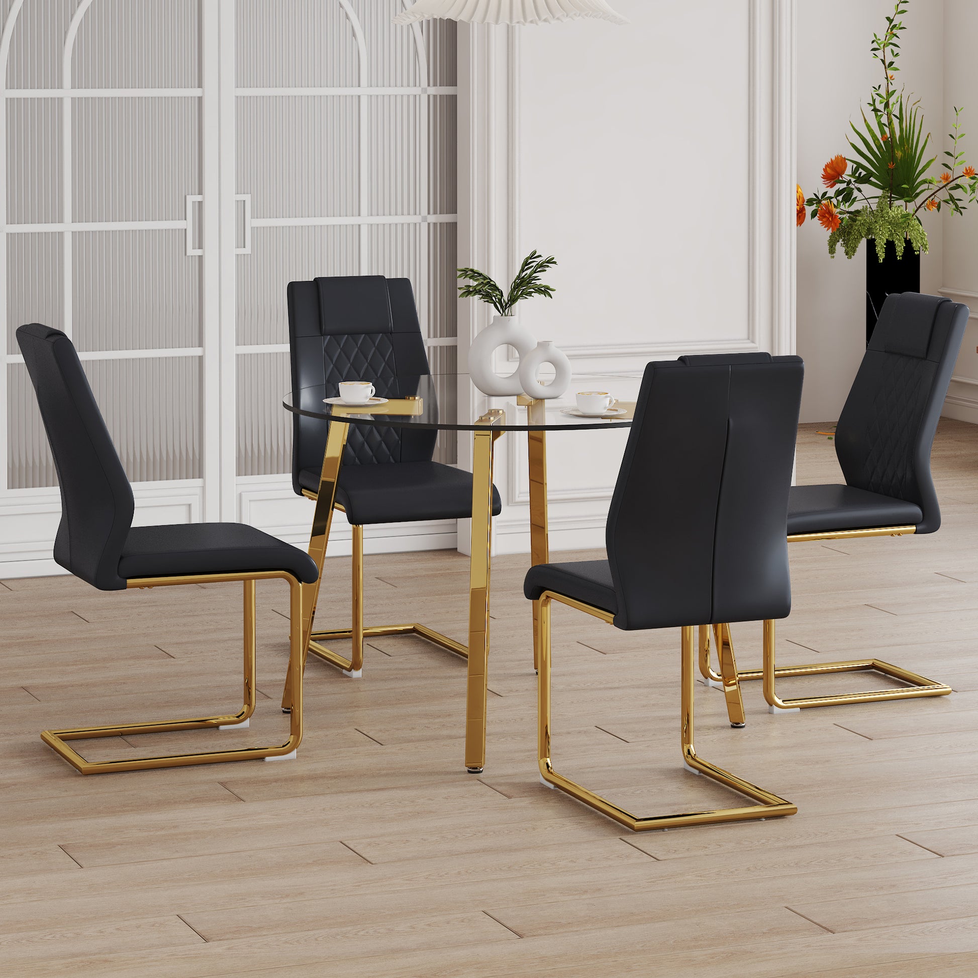 Table And Chair Set.A Modern Minimalist Style Round Clear Tempered Glass Table With Metal Legs.Paried With Black Chairs With Modern Pu Leather High Back Upholstered And C Tube Golden Legs. Black,Transparent Seats 4 Glass