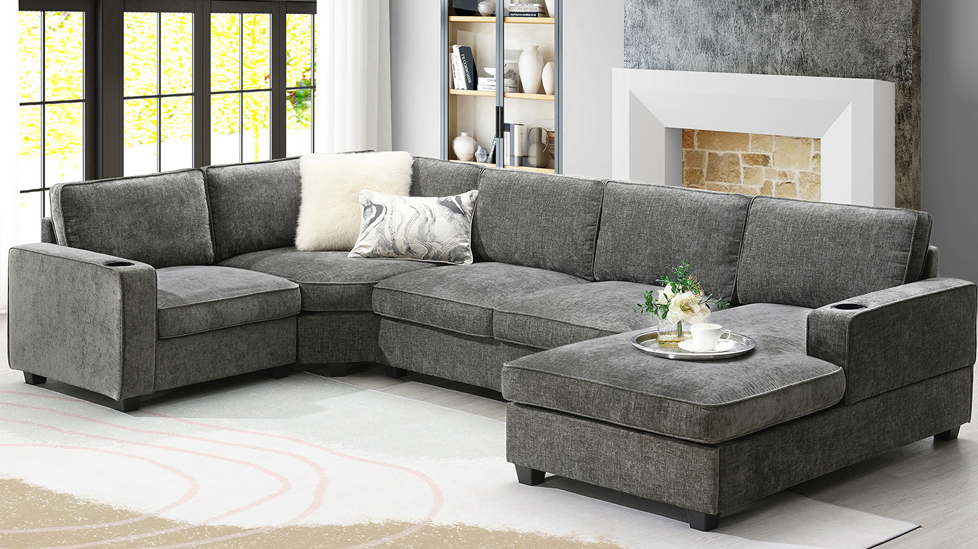 119*67" U Shaped Sectional Sofa,6 Seat Chenille Couch Set With Oversized Chaise Lounge,Irregular Corner,Deep Seat Comfy Sofa With Cup Holders For Living Room,Apartment,2 Colors Dark Gray Chenille 6