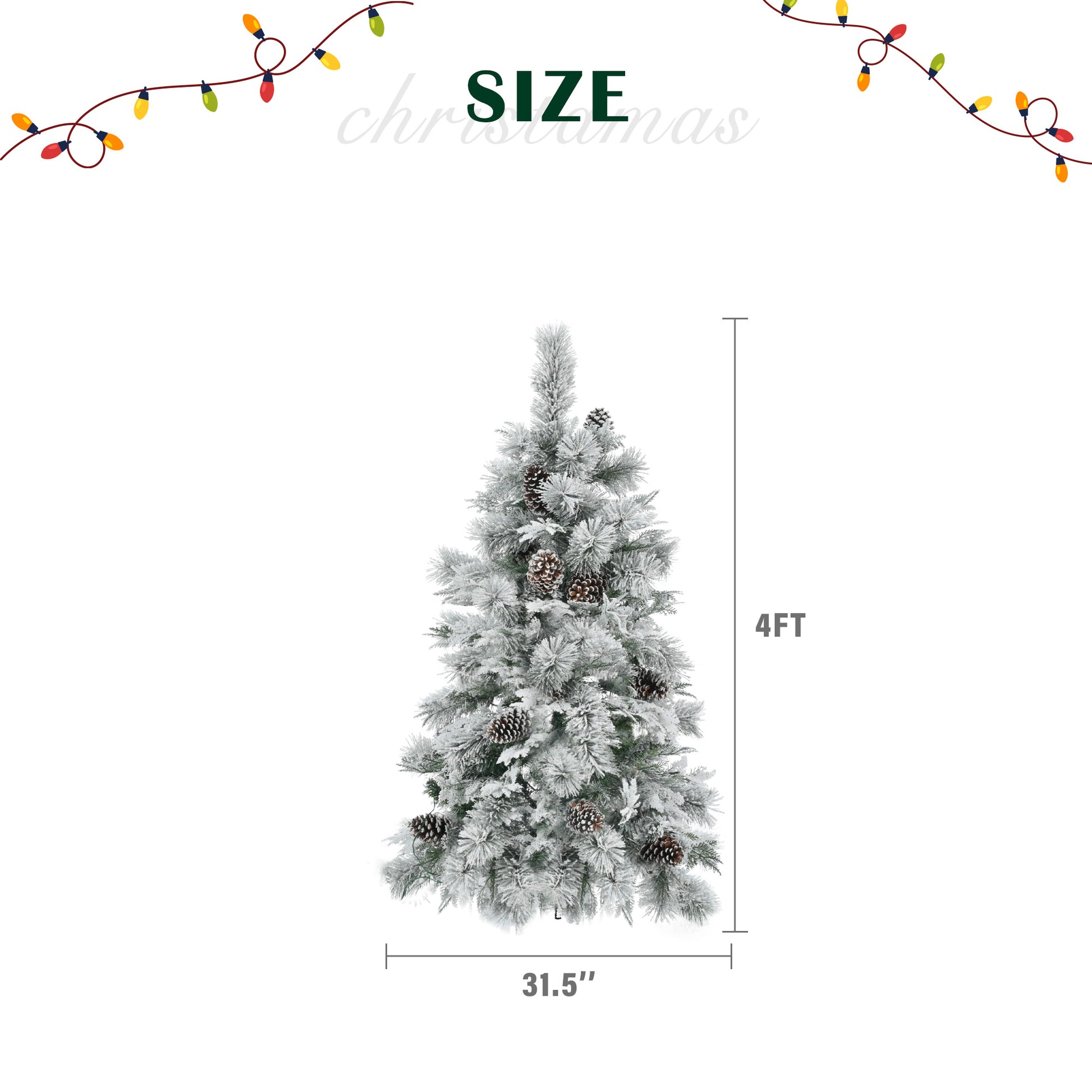 4Ft Pre Lit Spruce Snow Flocked Christmas Tree With Pine Cones, Artificial Xmas Tree With 170 Branch Tips,Mixed Pe & Pvc Branches, 120 Multi Color Led Lights, 11 Flashing Modes, Holiday D Cor White Green Polyethylene,Pvc