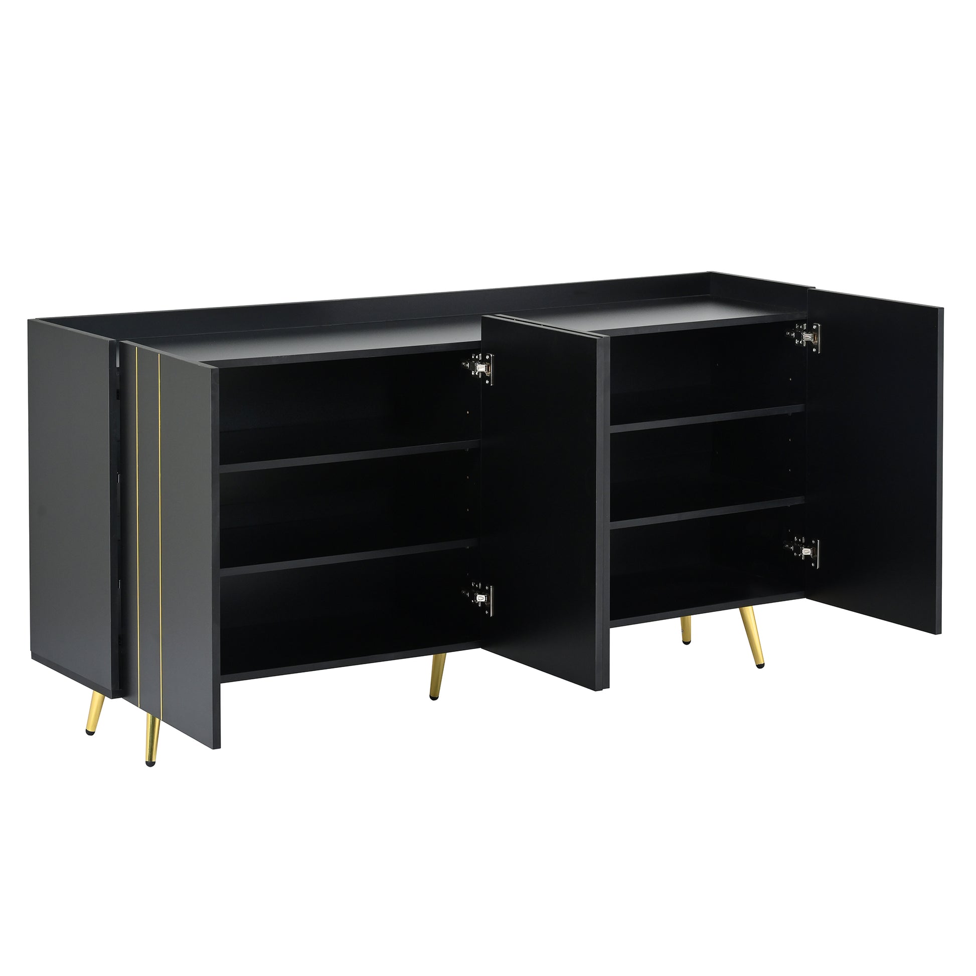 Luxurious Shoe Cabinet With 5 Metal Legs, Modern Tv Stand With 4 Adjustable Shelves For Tvs Up To 70", Minimalist Sideboard Cabinet With Gold Lines Doors For Living Room,62.9"X 31.4",Black Black