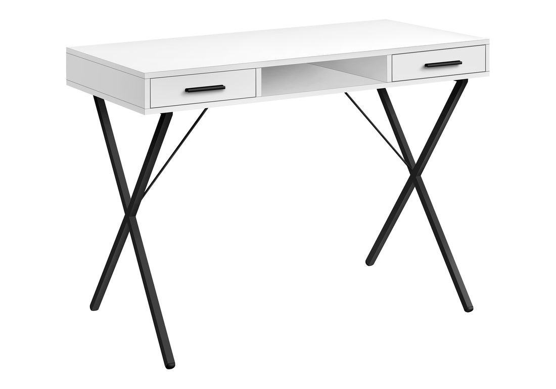 Computer Desk, Home Office, Laptop, Left, Right Set Up, Storage Drawers, 42"L, Work, White Laminate, Black Metal, Contemporary, Modern White Particle Board