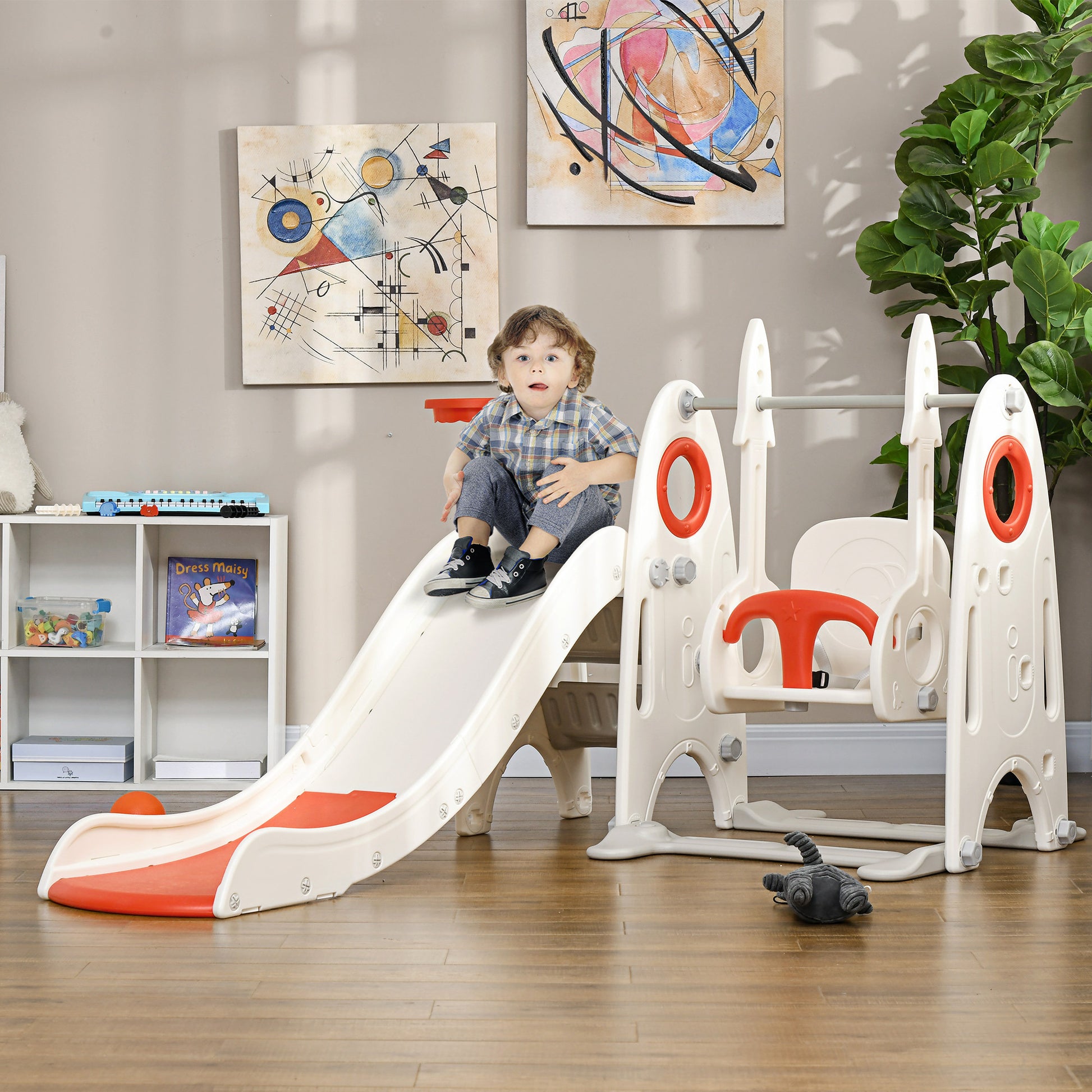 Qaba Toddler Swing Set, 4 In 1 Toddler Playground For Kids 1 3 Years Old, Indoor Toddler Playset With Slide, Swing, Basketball Hoop, Climber, Basketball, Red Red Plastic