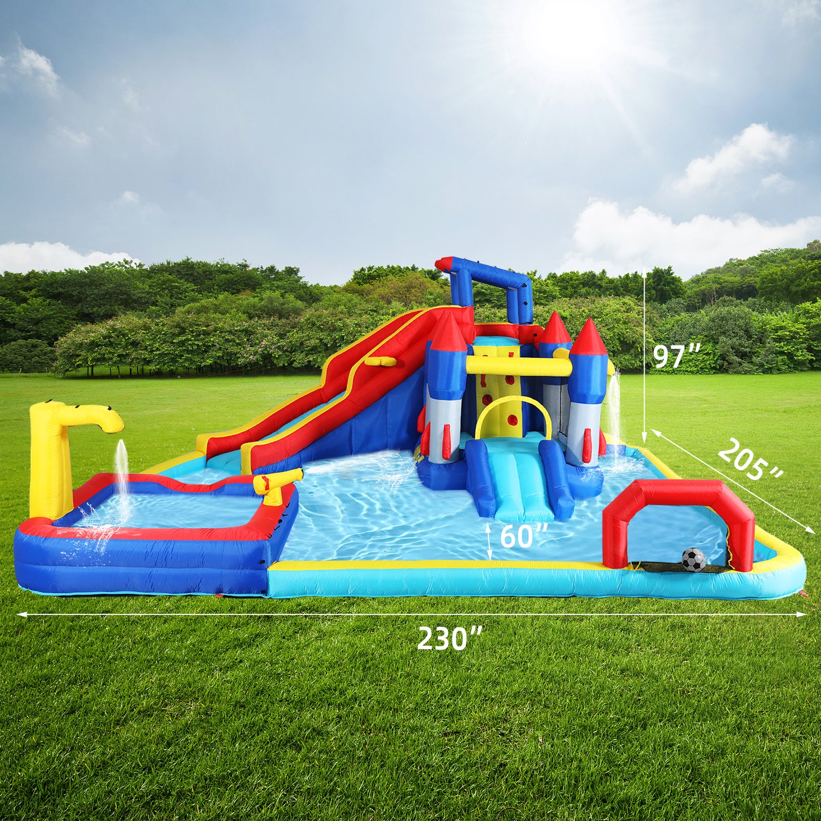 10 In1 Inflatable Slide Water Park Bouncing House Garden With Splash Pool & Water& Basketball & Climbing Wall & Dual Pools & Soccer Multicolor Oxford Fabric