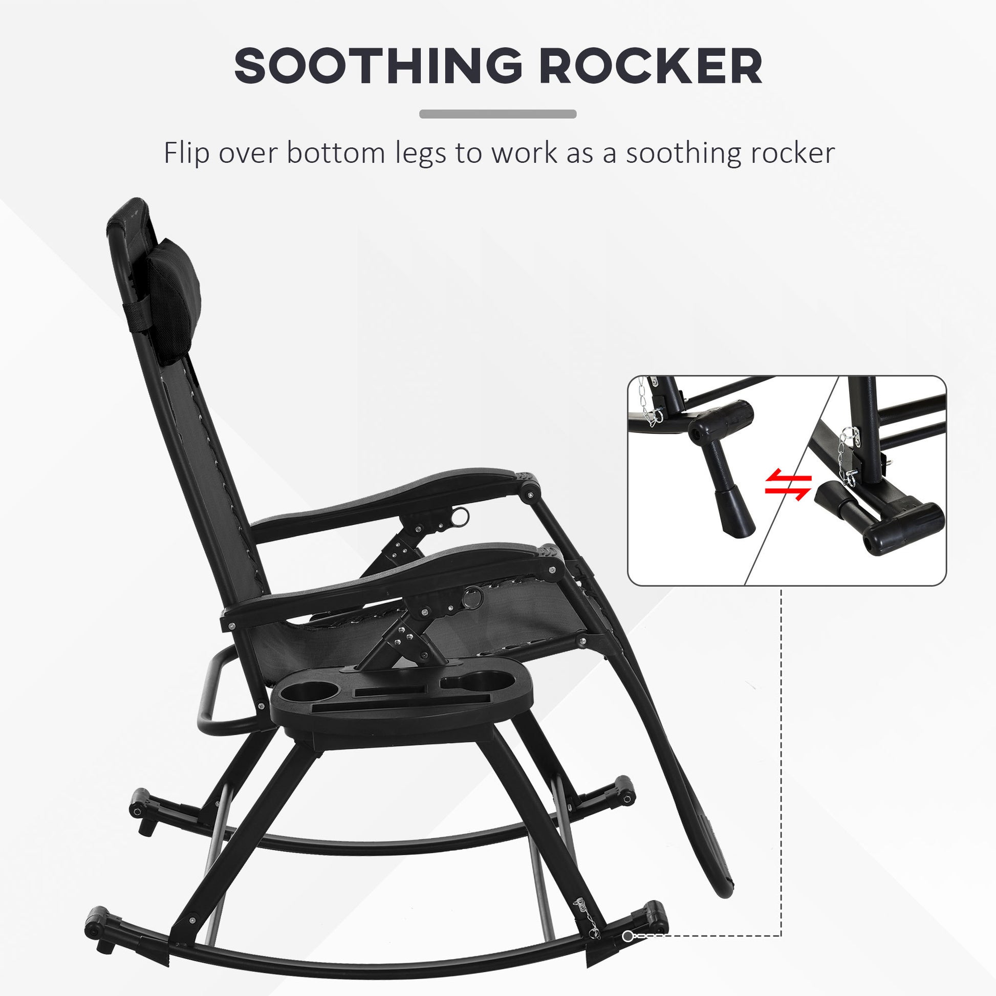 Outsunny 2 Pieces Outdoor Rocking Chairs, Foldable Reclining Zero Gravity Lounge Rocker With Pillow, Cup & Phone Holder, Combo Design With Folding Legs, Black Black Steel