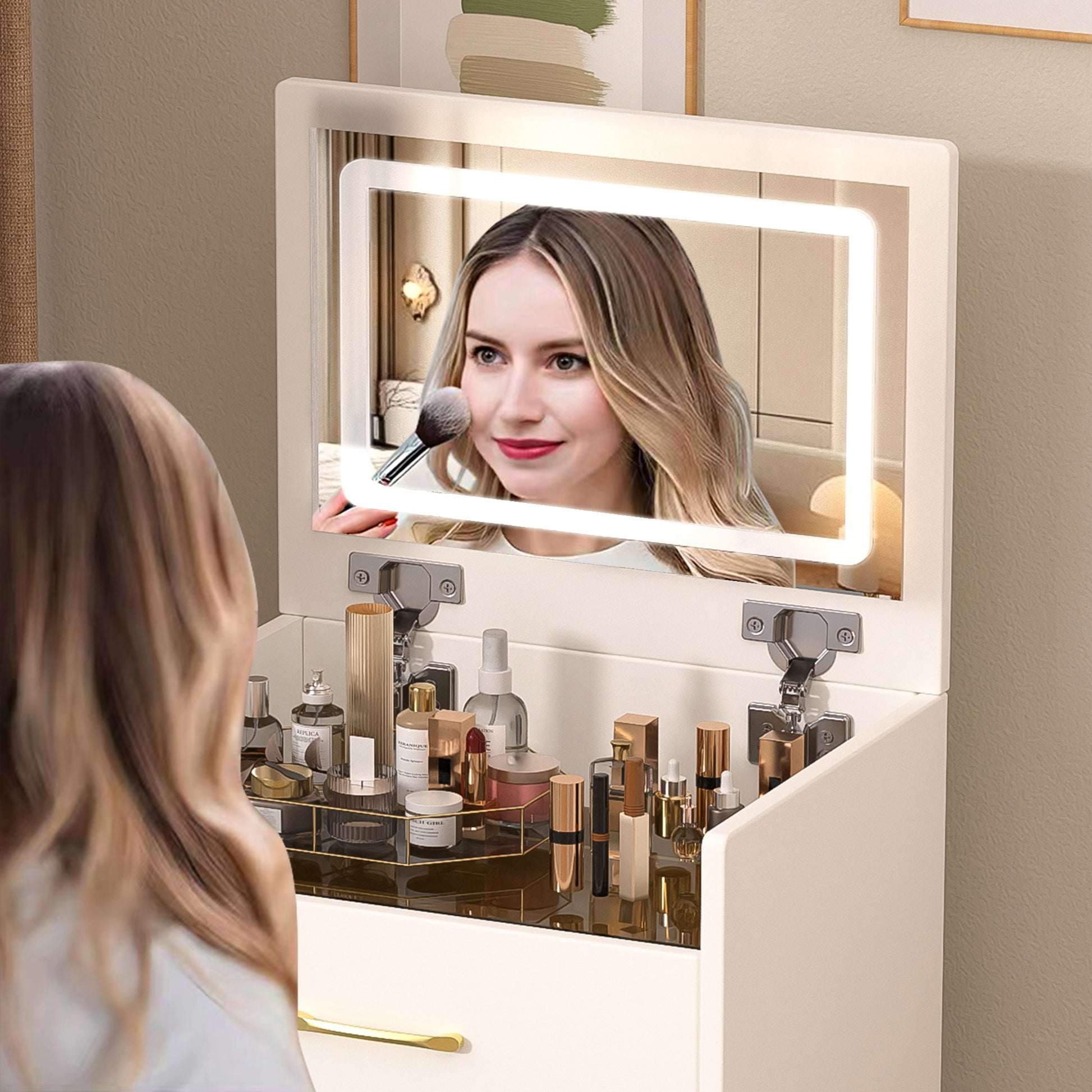 3 In 1 Vanity Desk With Open Top Mirror,Small Make Up Vanity Set With Visible Glass Desktop,Compact Makeup Vanity With 3 Drawers,Dressing Table For Bedroom White White Drawer 3 Drawers Bedroom Ball