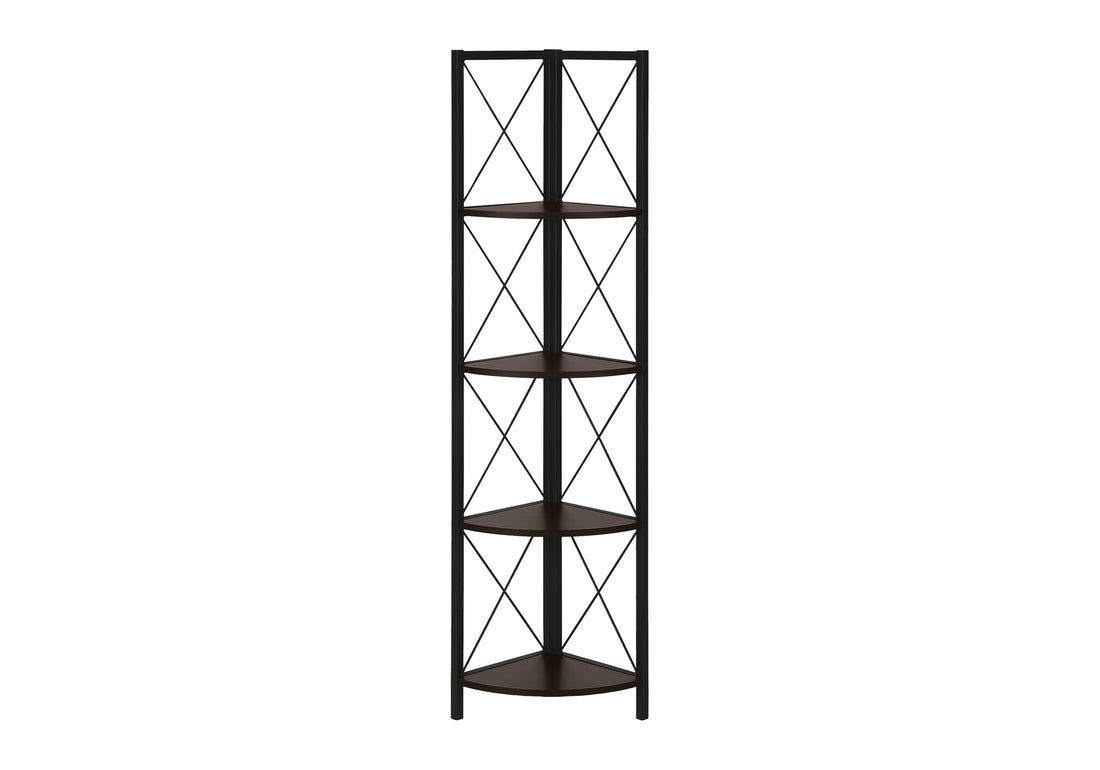 Bookshelf, Bookcase, Etagere, Corner, 4 Tier, 60"H, Office, Bedroom, Brown Laminate, Black Metal, Contemporary, Modern Espresso Metal