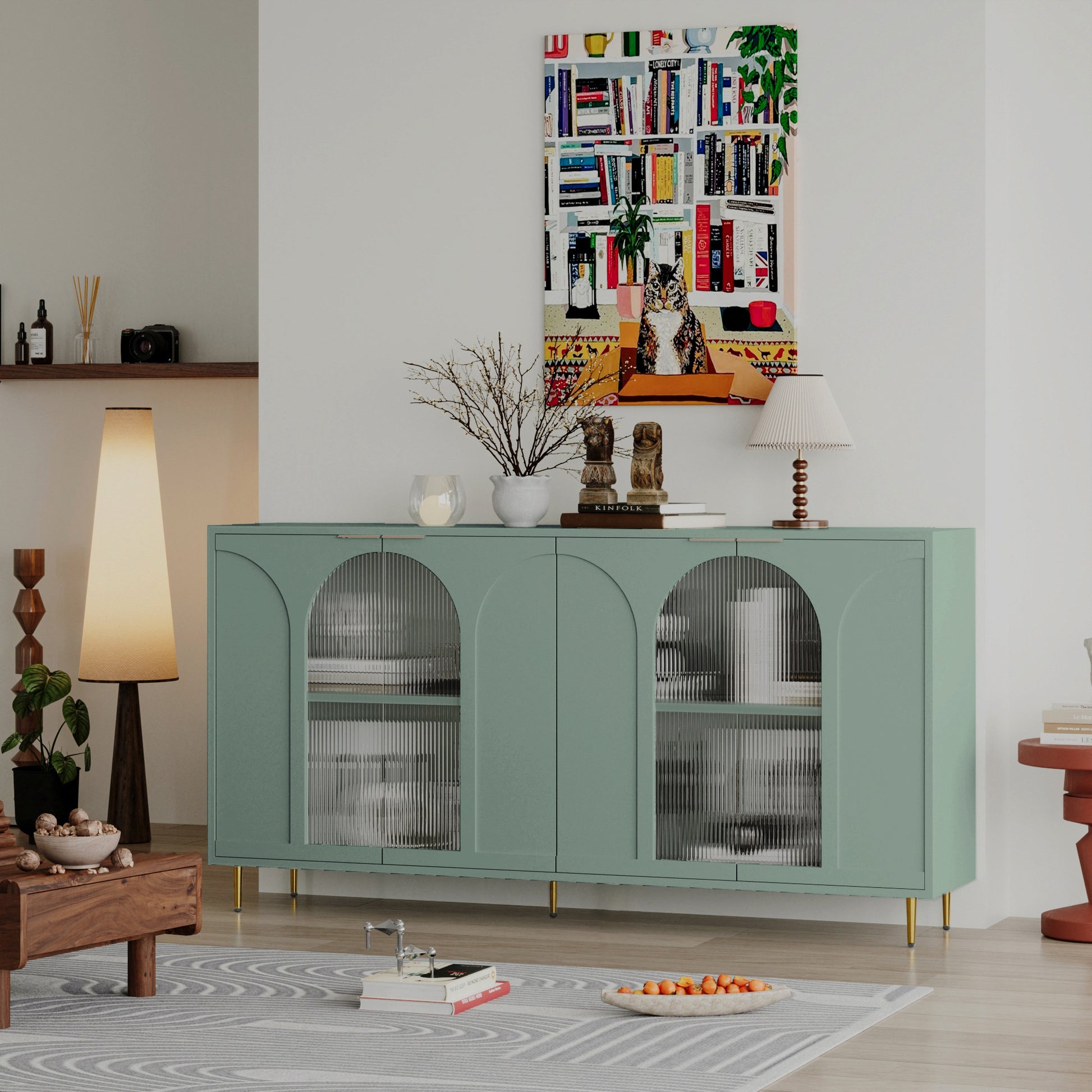 Accent Cabinet Lacquered Wooden Cabinet With 4 Glass Doors Sideboard Buffet Server Cabinet Storage Cabinet, For Living Room, Entryway, Hallway, Office, Kitchen And Dining Room, Mint Green Lacquered Mint Green Adjustable Shelves American