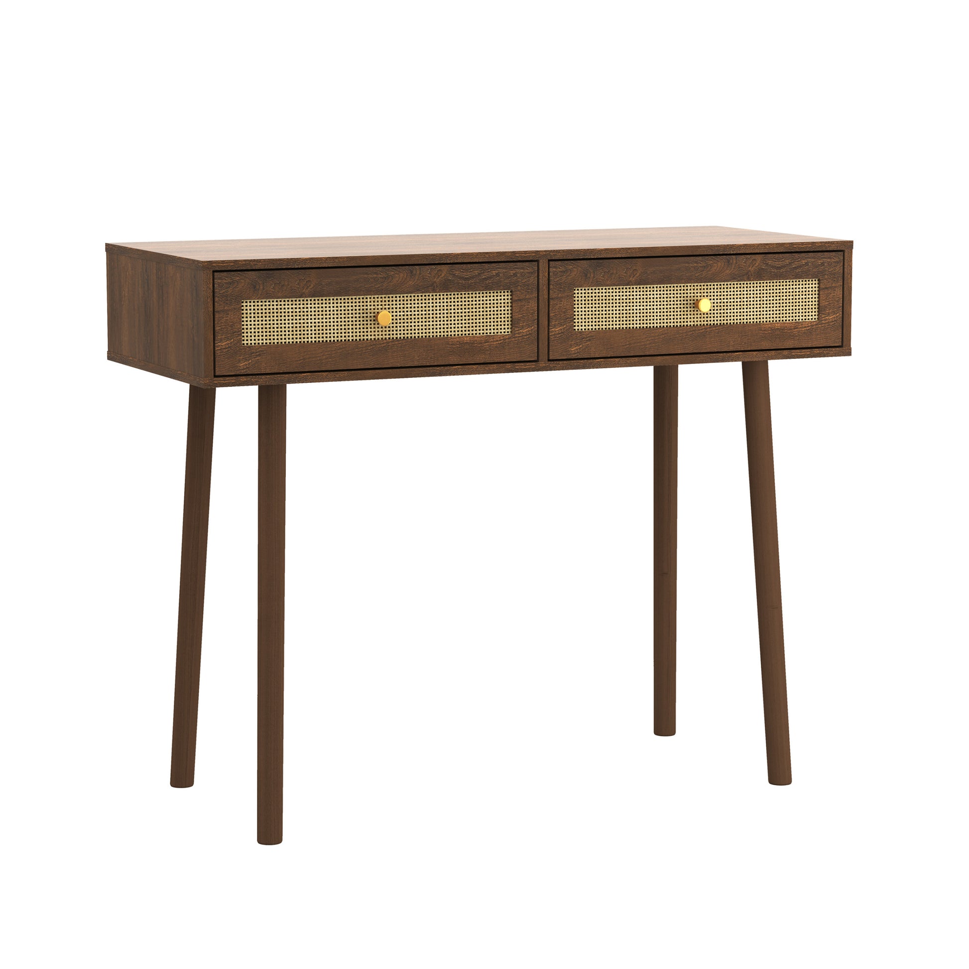 Bohemian Table, 2 Natural Rattan Drawers In Walnut Brown Mdf