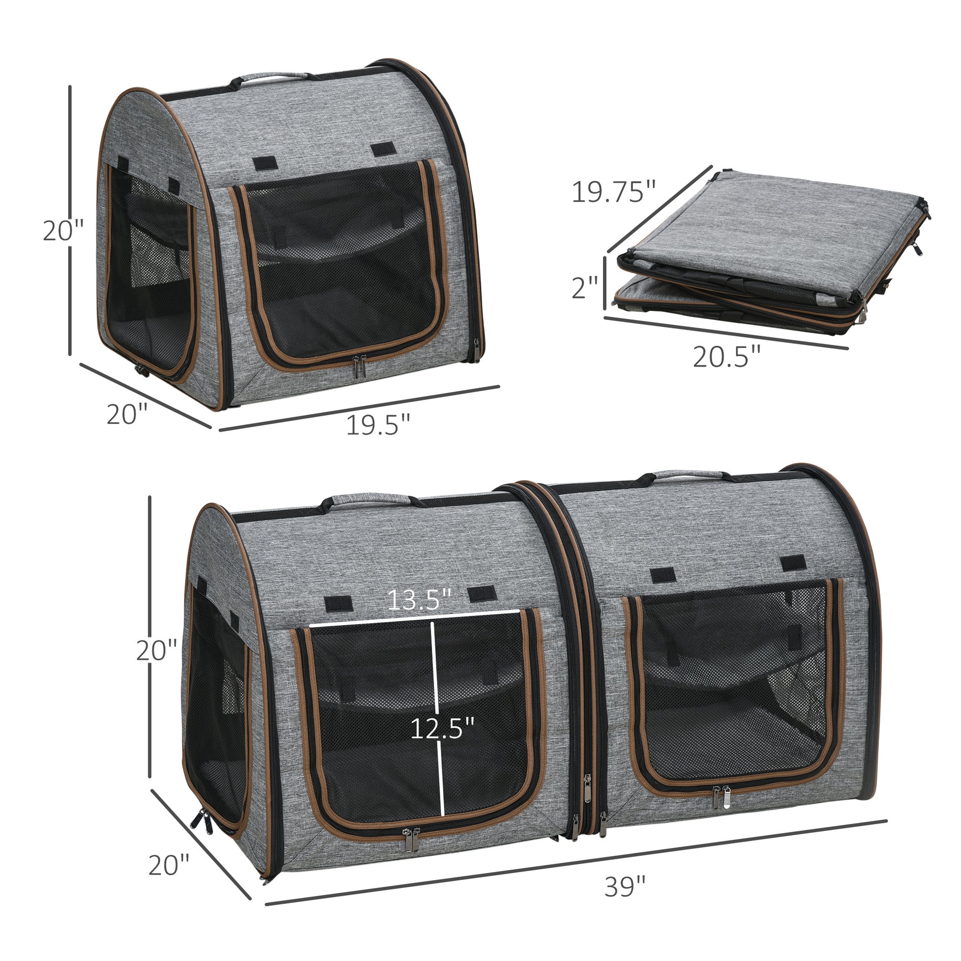 Pawhut 39" Portable Soft Sided Pet Cat Carrier With Divider, Two Compartments, Soft Cushions, & Storage Bag, Grey Gray Polyester