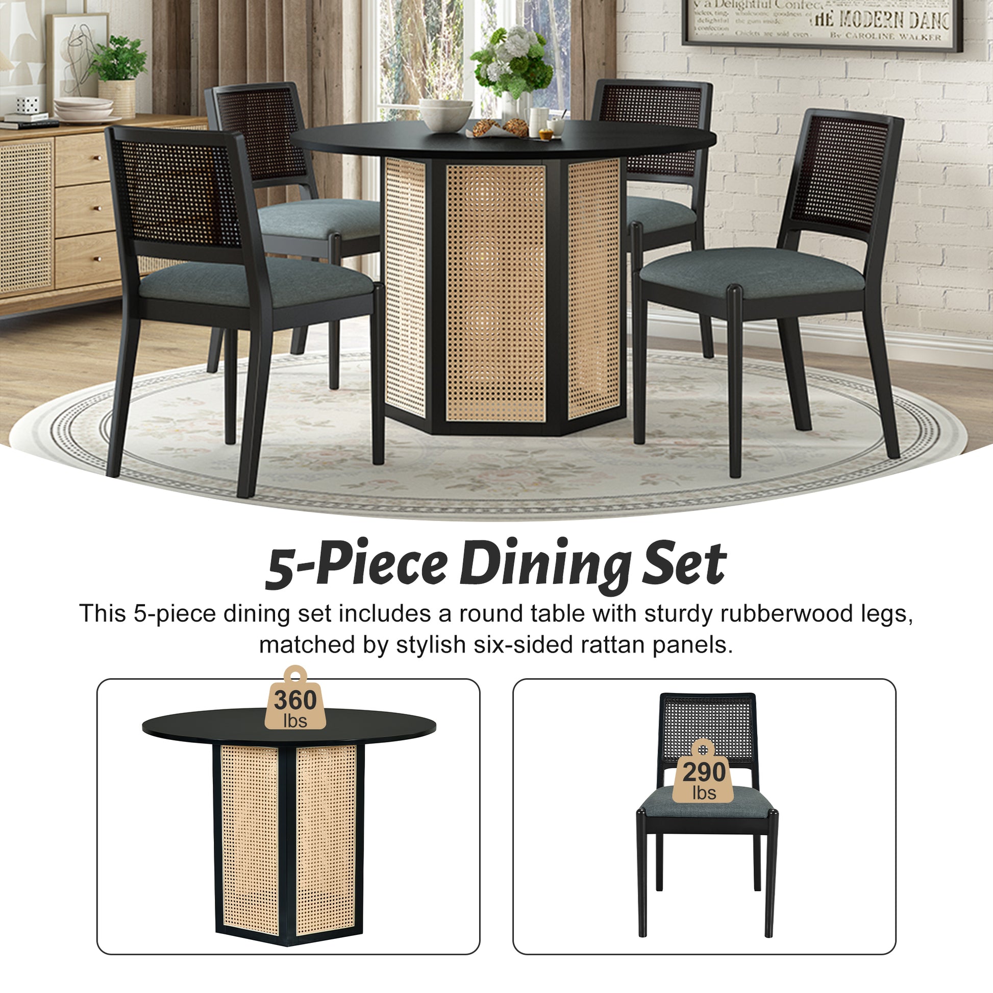 5 Piece Rattan Round Dining Table Set, Wood Table With Hexagonal Base And Upholstered Chairs For Dining Room, Kitchen,Indoor Use, Black Gray Wood Dining Room Solid Wood Rubberwood Round Dining Table With Chair Wood Wood Black Seats 4 Traditional Round