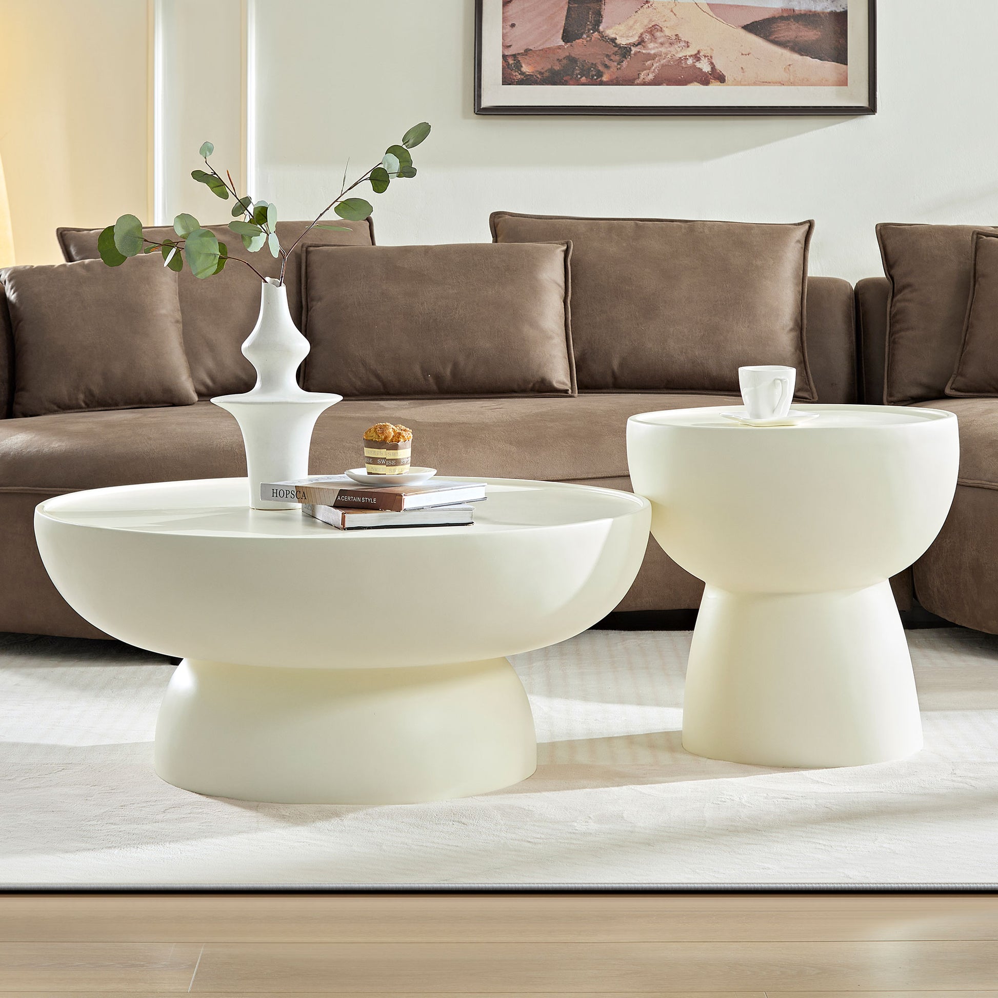 Fiberglass Cream Style Coffee Table Set Of 2 For Living Room,Matte White Round Table Front Of The Sofa, Irregular Center Table For Apartment,No Need Assembly Cream Fiberglass