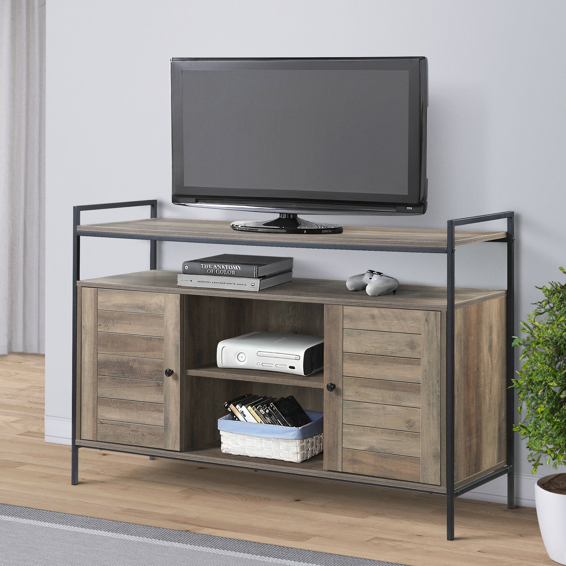 Rustic Oak And Black Tv Stand With 2 Doors Rustic Primary Living Space 50 59 Inches Oak Wood Metal