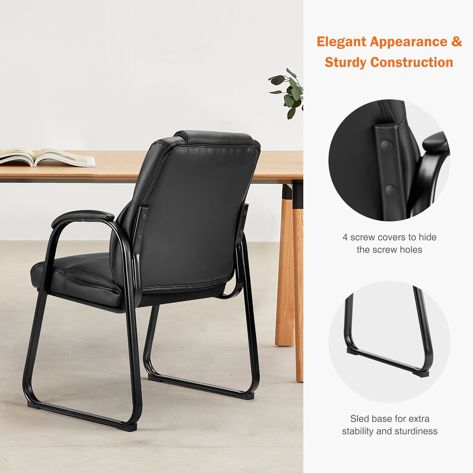 Leather Office Guest Chair No Wheels, Comfy Padded Arms And Seld Base, For Reception Conference Room Set Of 2 Black Stainless Steel