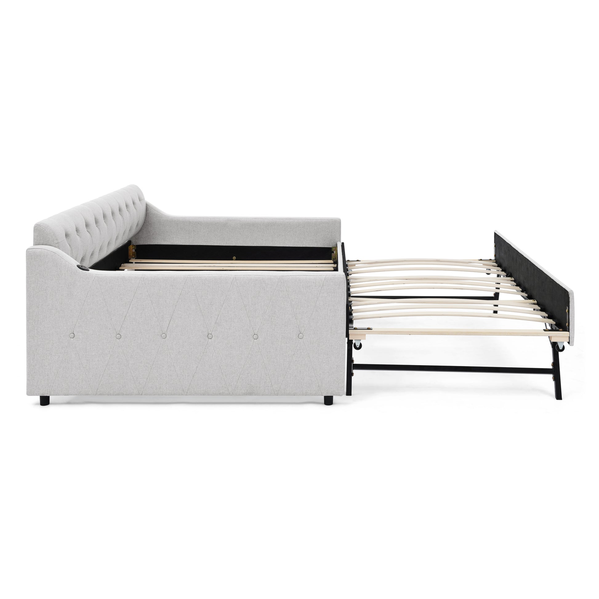 Full Size Upholstery Daybed With Twin Size Erectable Trundle And Usb Charging Design, Linen Beige Box Spring Not Required Full Beige Bedroom Linen Linen