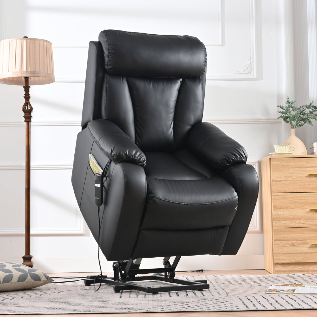 Electric Power Lift Recliner Chair For Elderly, Pu Recliner Chair For Seniors, Home Theater Seating,Living Room Chair,Side Pocket, Remote Control Black Pu Light Brown Wood Primary Living Space Heavy Duty Rubberwood Black Faux Leather Power Remote Medium