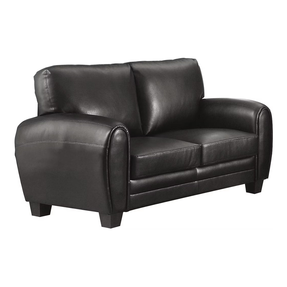 Cushioned Loveseat Upholstered In Black Bonded Leather Black Wood 2 Seat