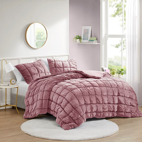 3 Piece Comforter Set King Pink Polyester