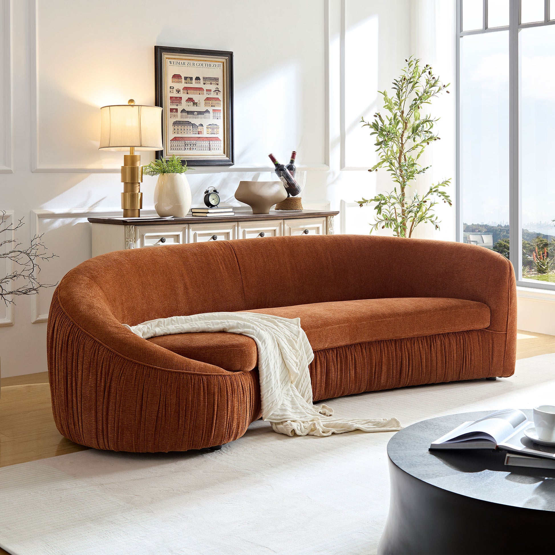 92.13 Inch Modern Design Curved Shaped Sofa Couch For Living Room,Upholstered Fabric 4 Seat Sofa No Need To Assembly Couch For Apartment,Orange Orange Polyester 4 Seat