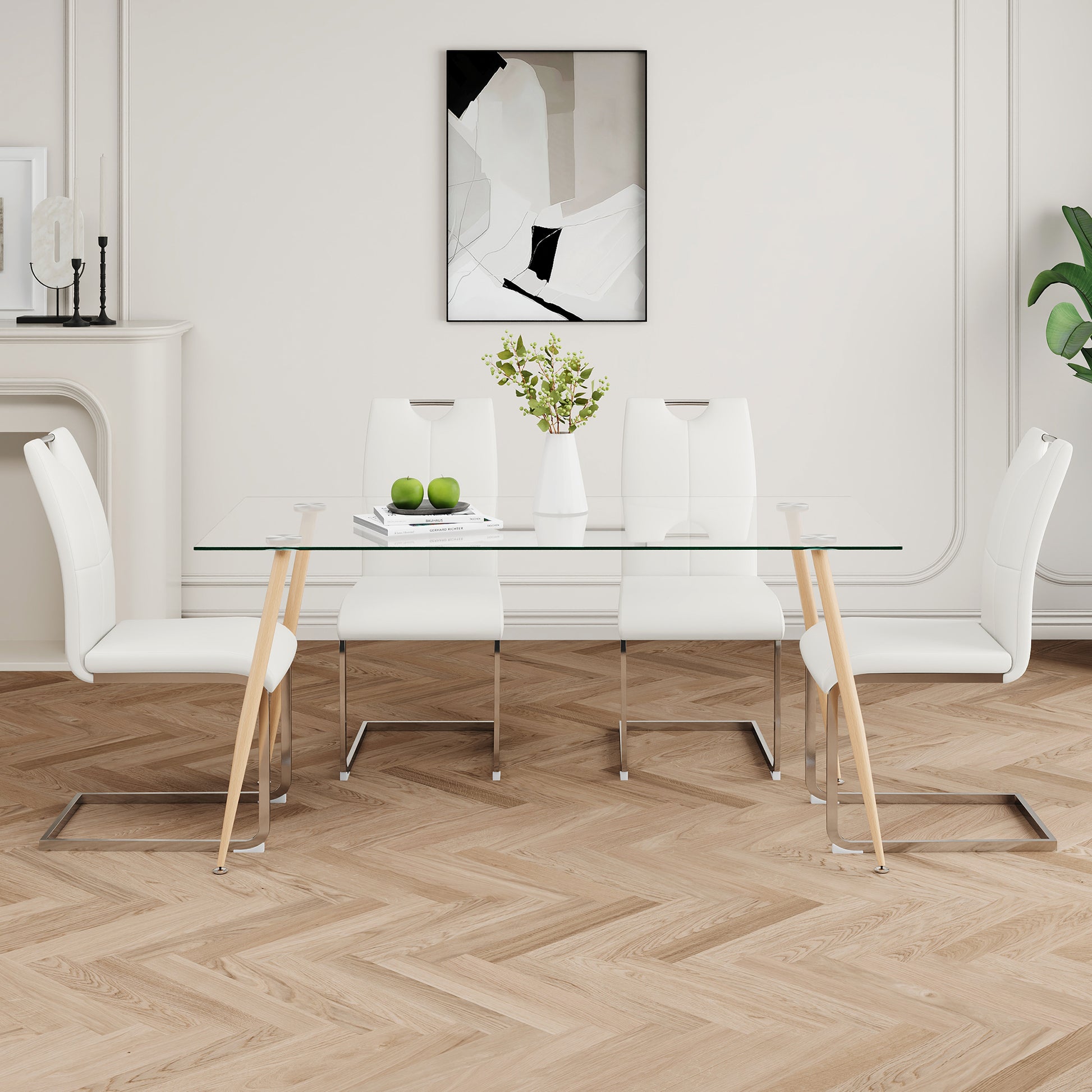 Modern Simple Rectangular Glass Dining Table, Solid Tempered Glass Countertop, Wood Transfer Metal Table Legs, White Pu Dining Chair Set, Suitable For Restaurant Kitchen Use Set Of 5 Upholstered Chair Glass White Pu Seats 4 Metal Rectangular Dining Table