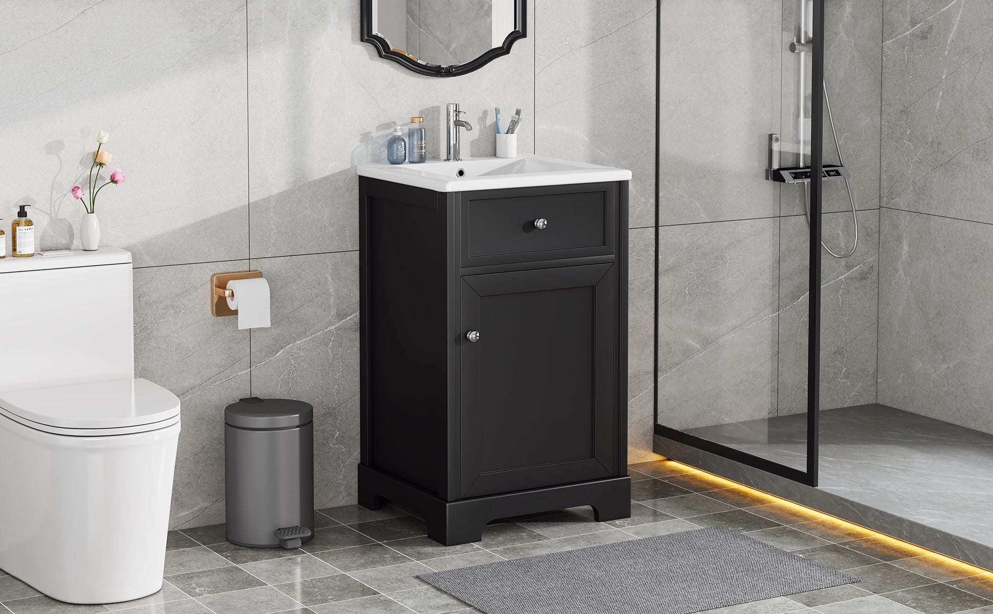 20" Bathroom Vanity With Sink, Bathroom Cabinet With Soft Closing Door, Storage Rack And Adjustable Shelve, Black Black Mdf