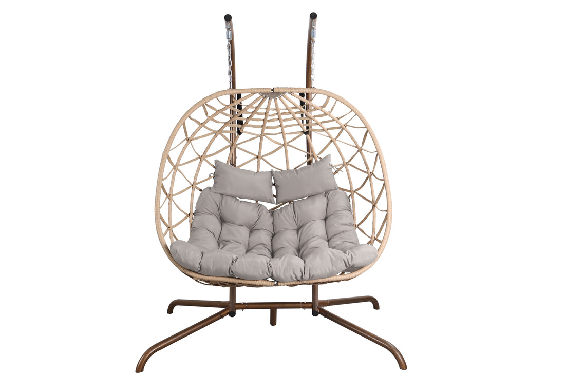 Outdoor Egg Swing Chair With Stand,Thick Cushions And Pillow Light Grey Cotton Rattan Metal