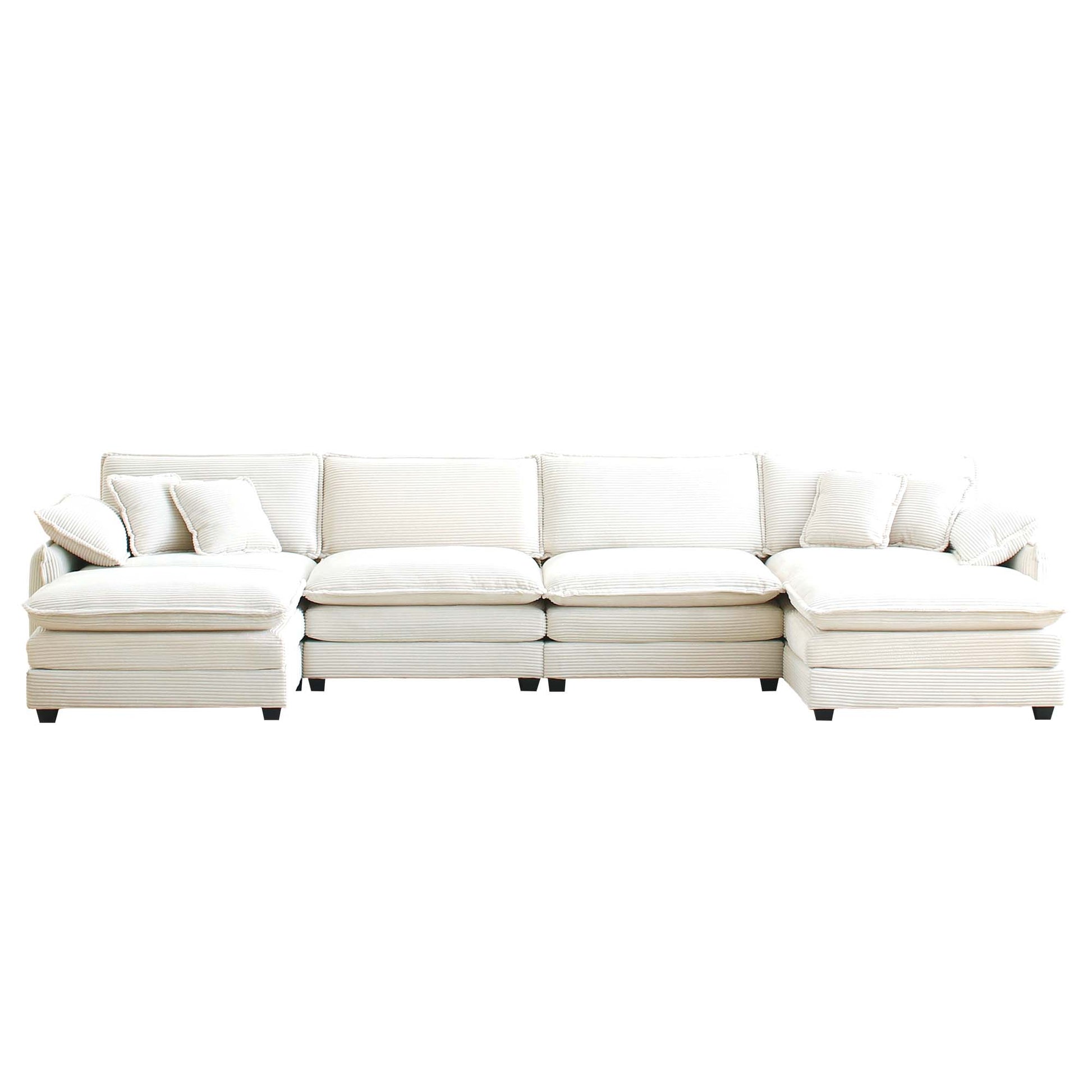 Over Size U Shape Corduroy Sofamodern Upholstered 4 Seater Sofa With 2 Ottomans, Premium Soft Corduroy Fabric Sofa Beige Corduroy 4 Seat