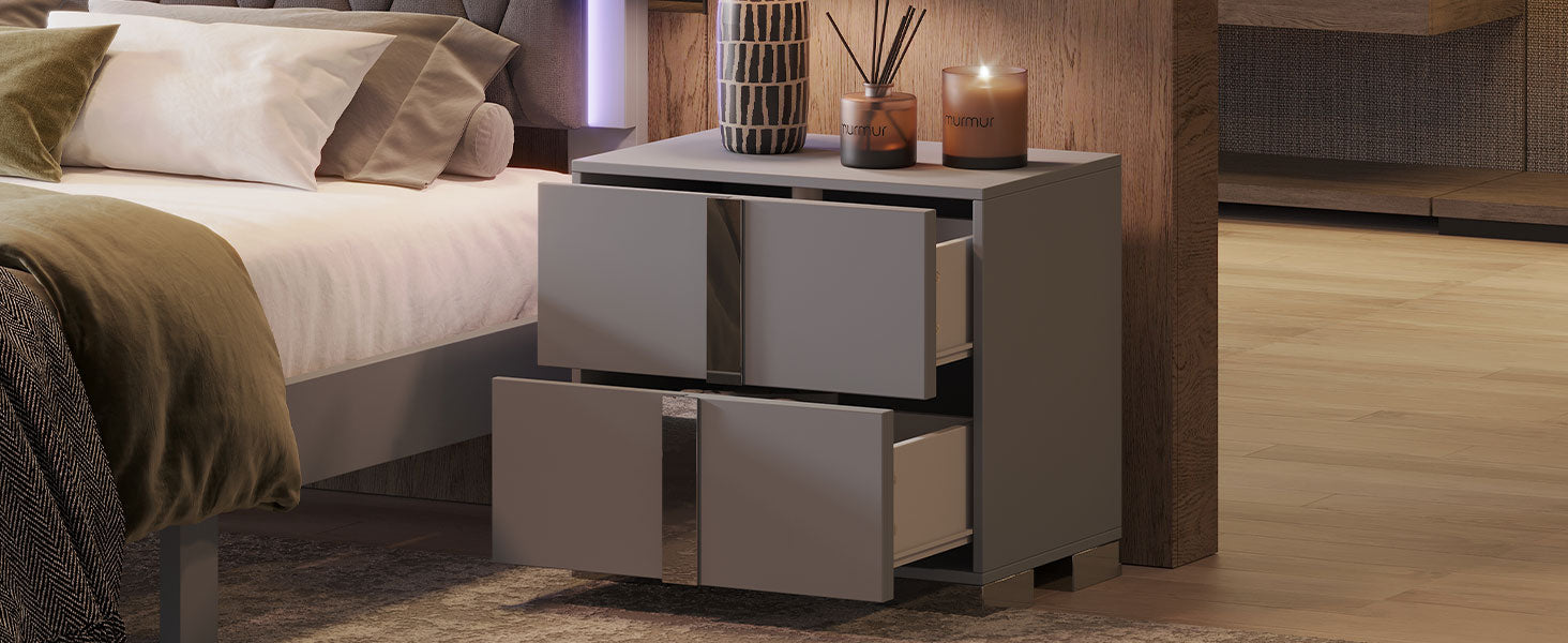 Elegant Nightstand With Metal Handle,Mirrored Bedside Table With 2 Drawers For Bedroom,Living Room,Grey Grey 2 Drawers Mdf Metal