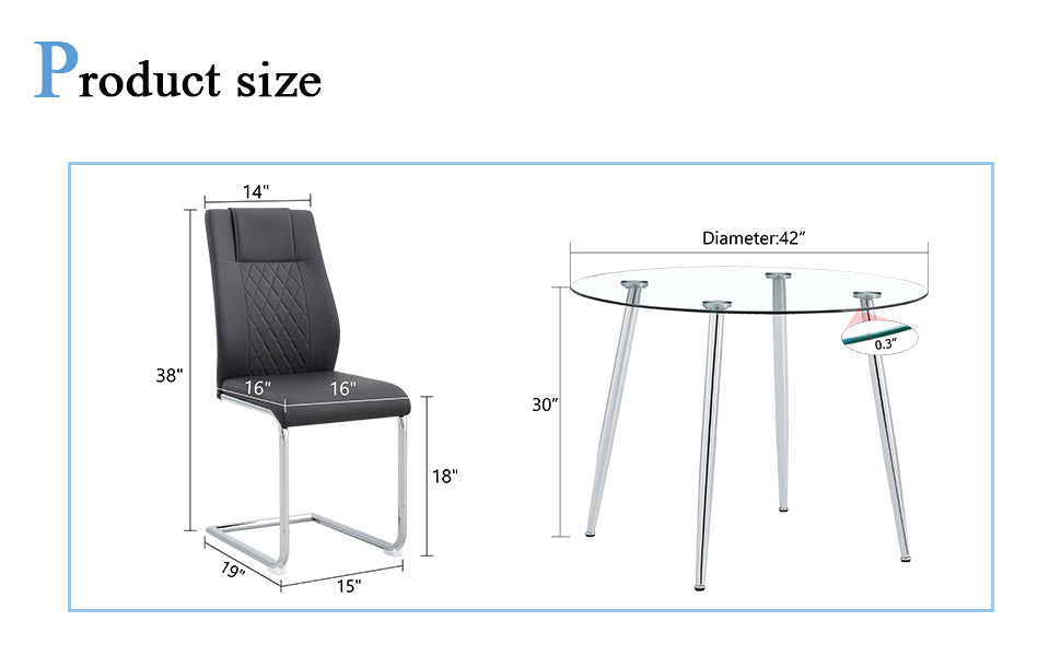 Table And Chair Set.A Modern Minimalist Round Dining Table With Transparent Tempered Glass Top And Silver Metal Legs,Paried With Chairs With Pu Backrest And Seat Cushion And Silver C Tube Metal Legs. Black,Transparent Seats 6 Glass Metal